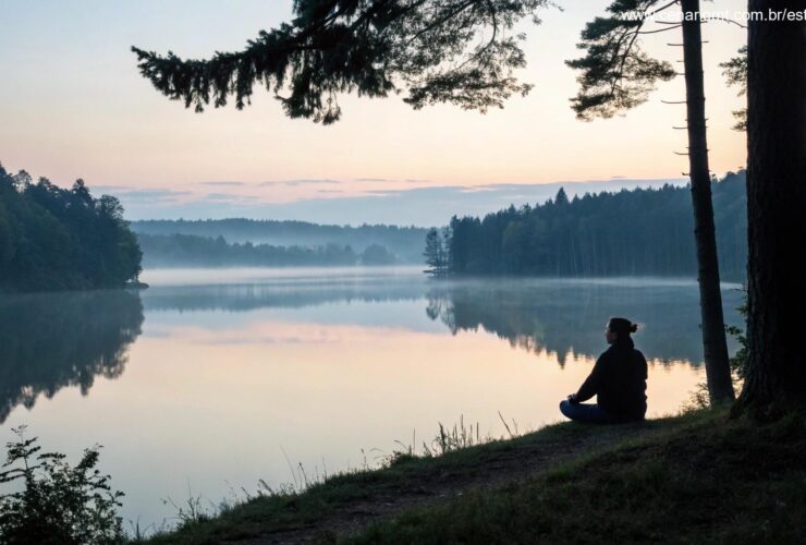 Imagem de um cenário sereno com um lago calmo e uma pessoa meditando ao amanhecer.