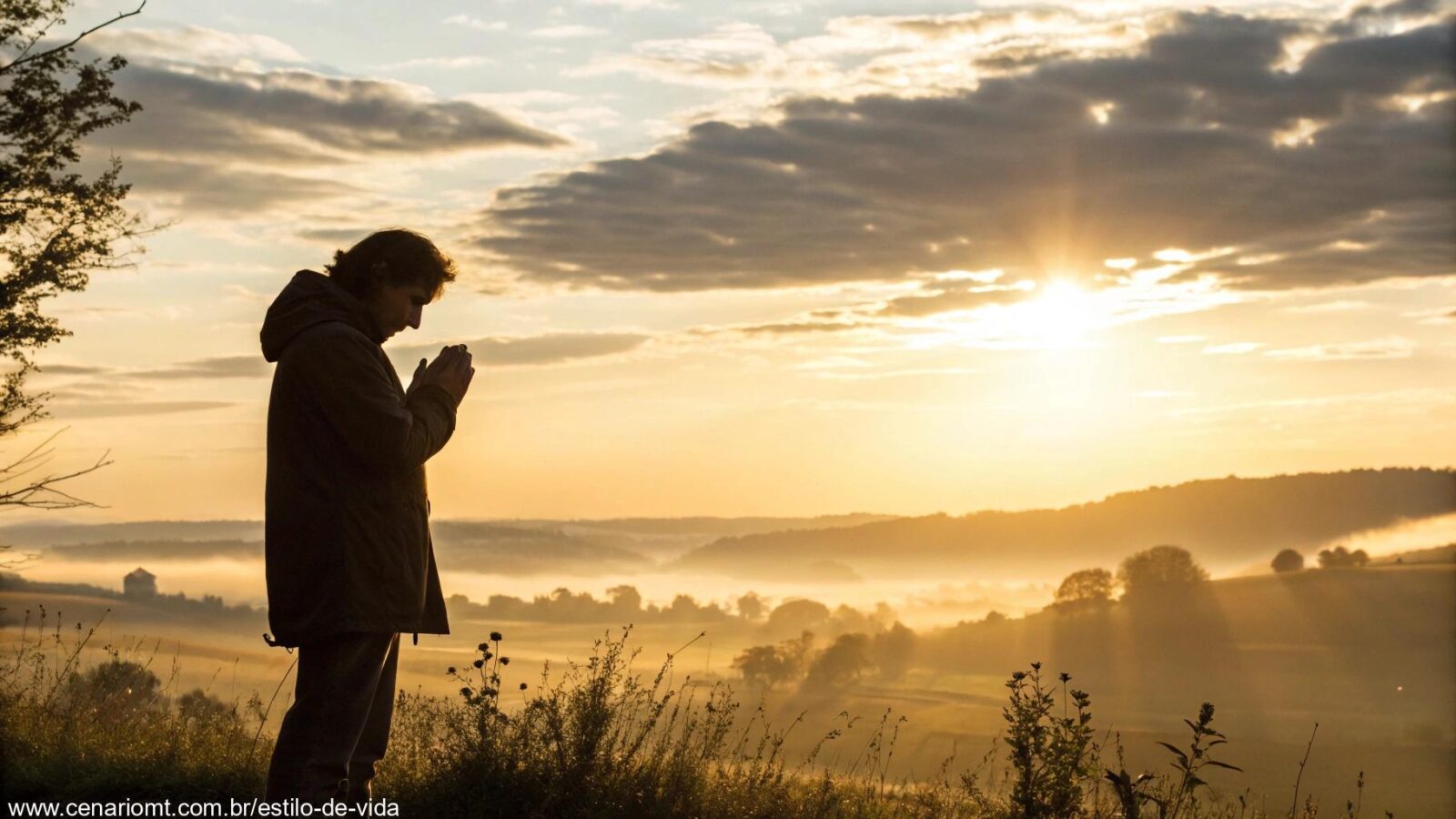 Pessoa orando ao nascer do sol no campo, simbolizando força na promessa divina