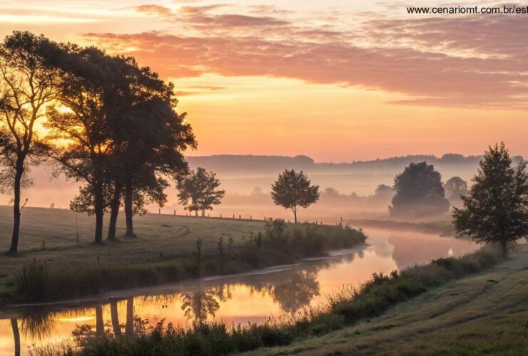 Paisagem serena ao nascer do sol com luz dourada suave entre as árvores, simbolizando reflexão e despertar espiritual