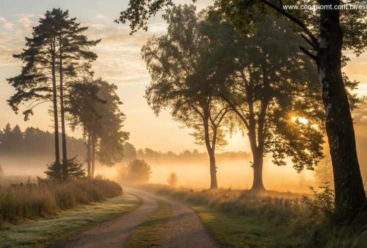 Caminho sereno na floresta ao amanhecer simbolizando sabedoria e direção
