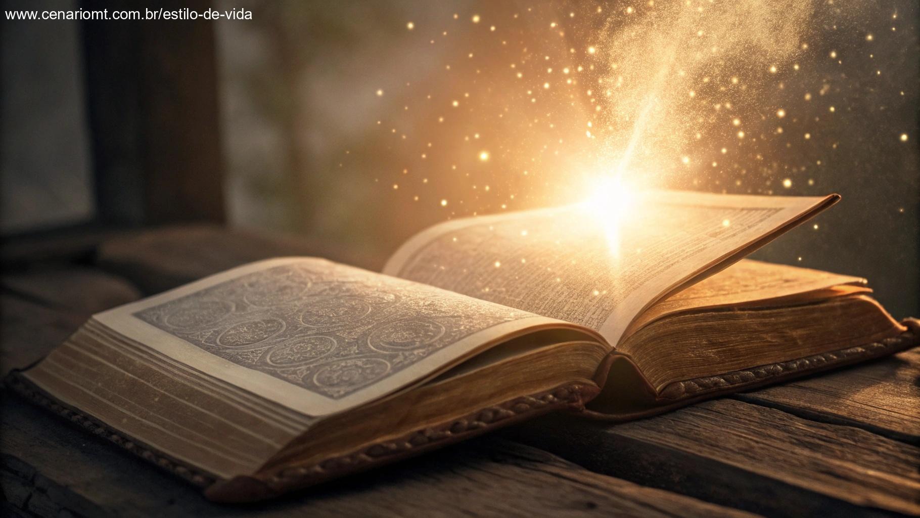 Livro antigo aberto com luz brilhando, simbolizando a Palavra viva