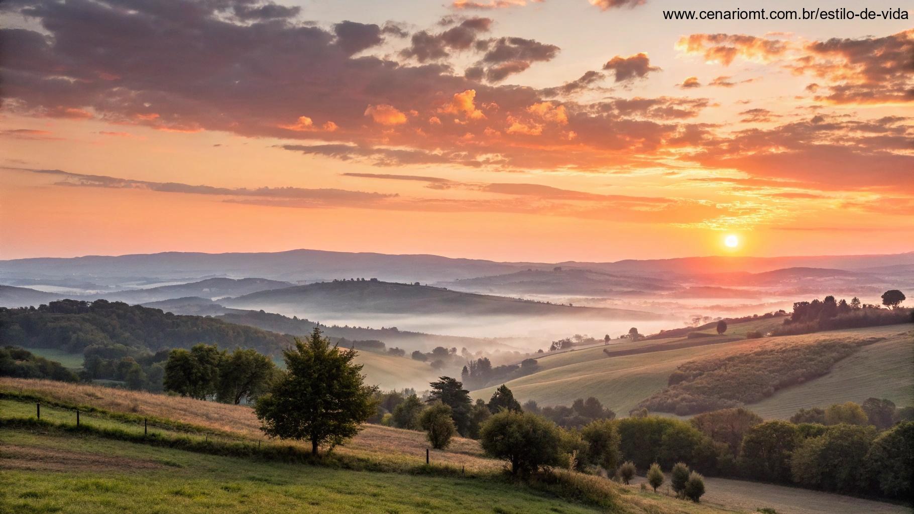Imagem motivadora de um amanhecer sobre uma paisagem serena, simbolizando esperança, positividade e motivação para começar a semana com energia e alegria