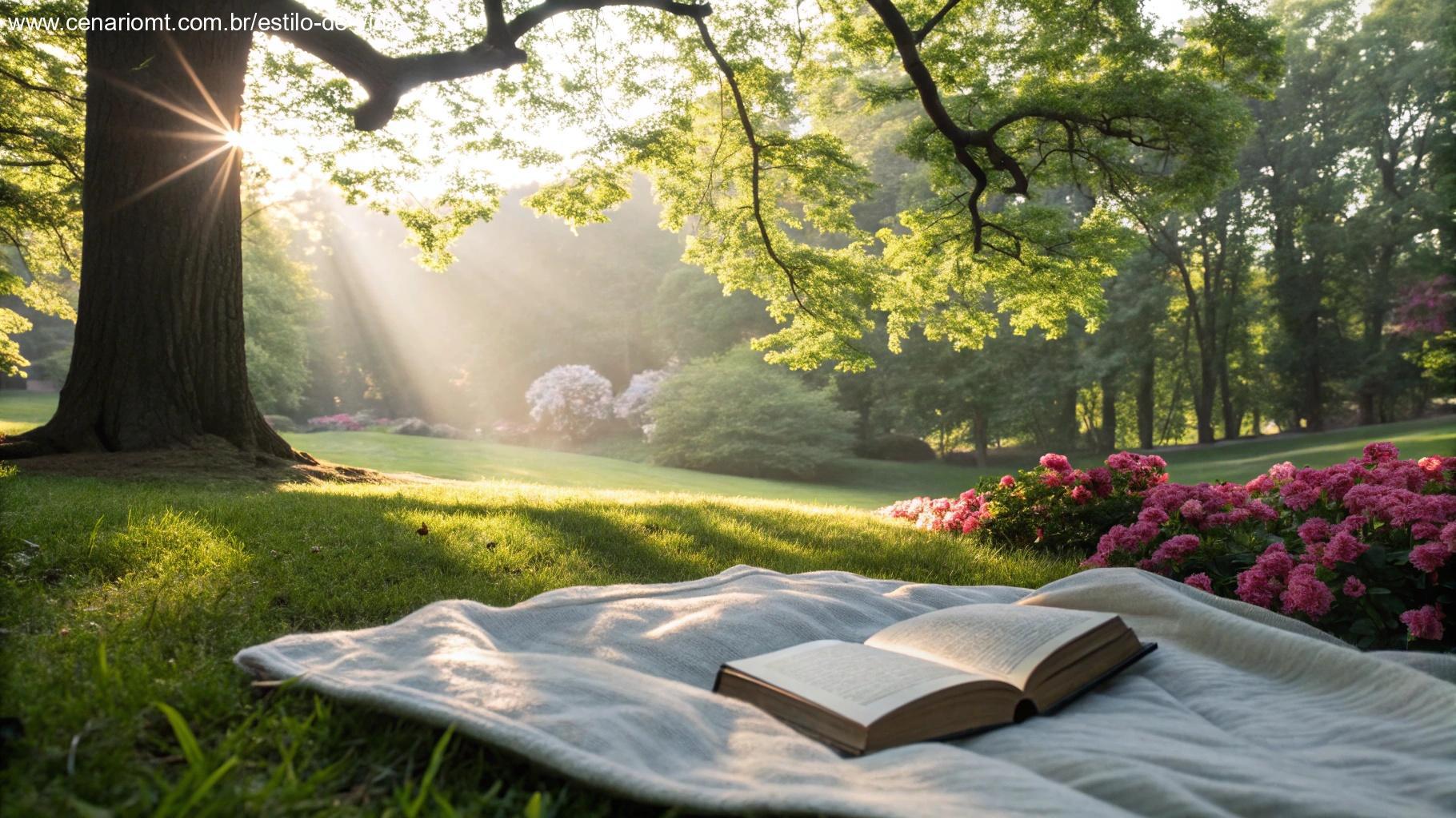 Bíblia aberta sobre cobertor em parque ensolarado, local de renovação espiritual