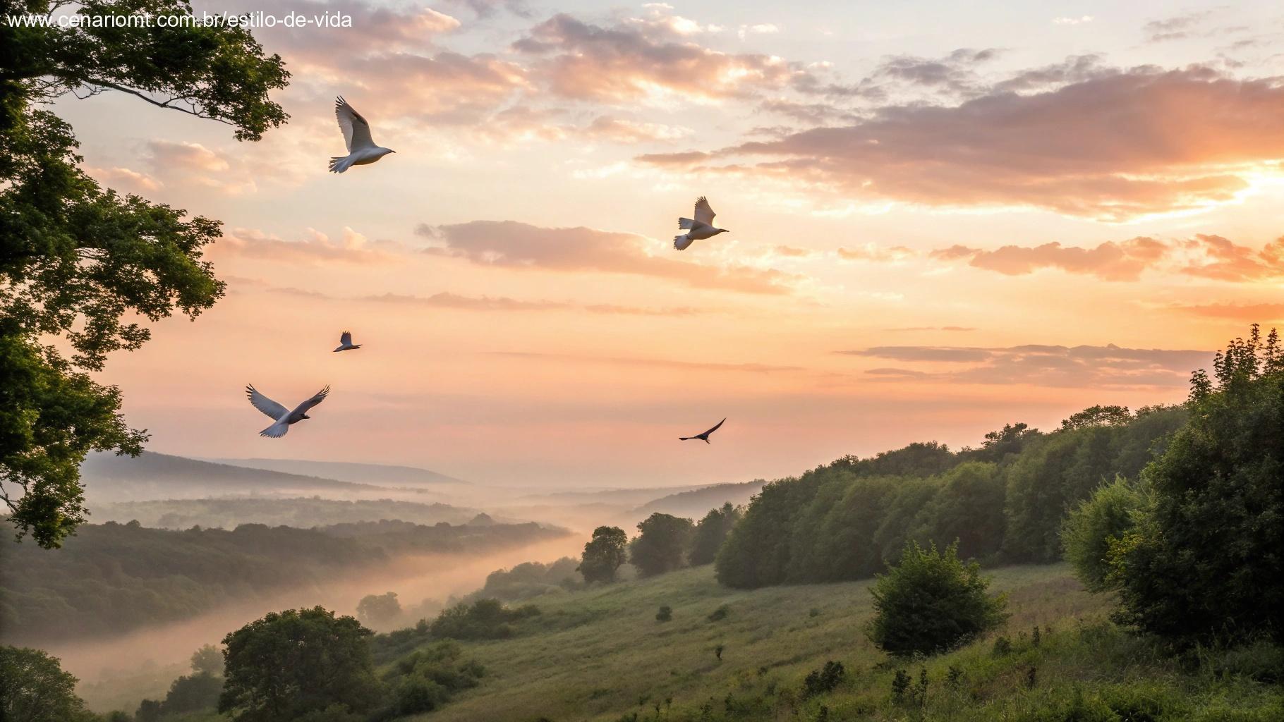 Céu com pombas ao amanhecer simbolizando esperança e fé