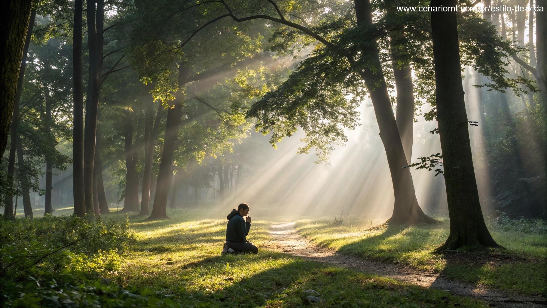 Pessoa em oração solitária em meio à floresta com luz da manhã passando pelas árvores