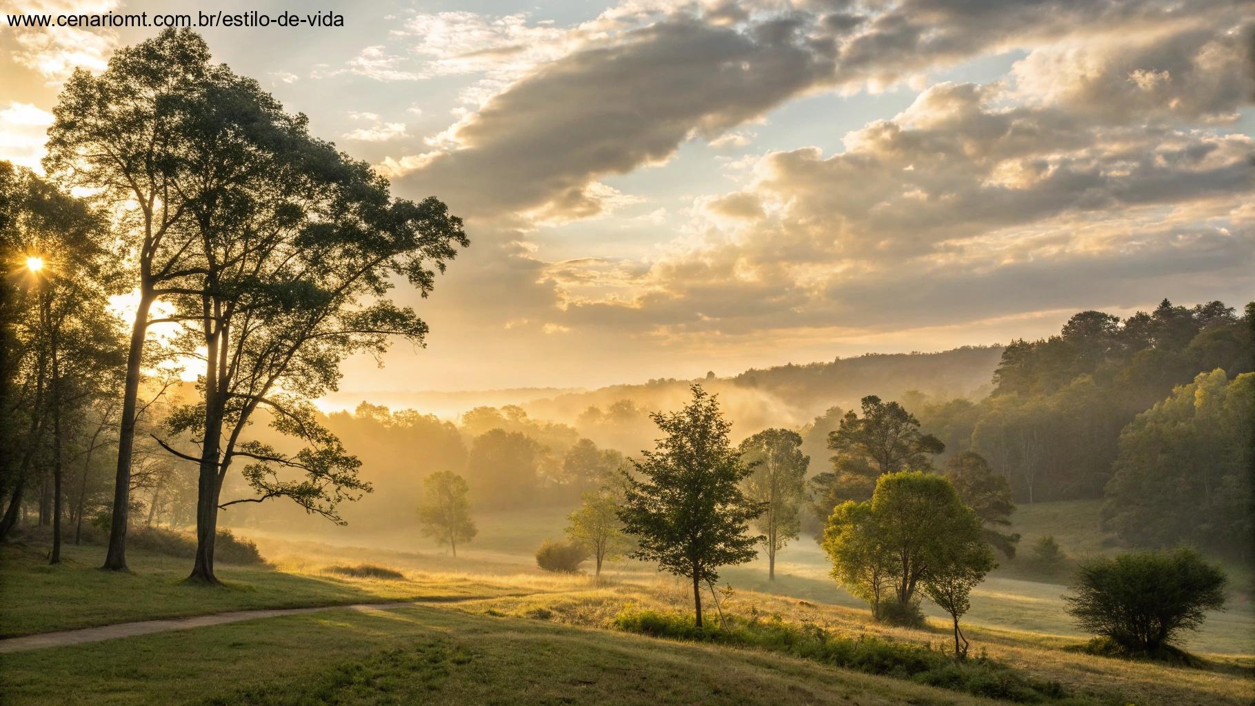 Amanhecer de domingo com céu iluminado e uma igrejinha no campo