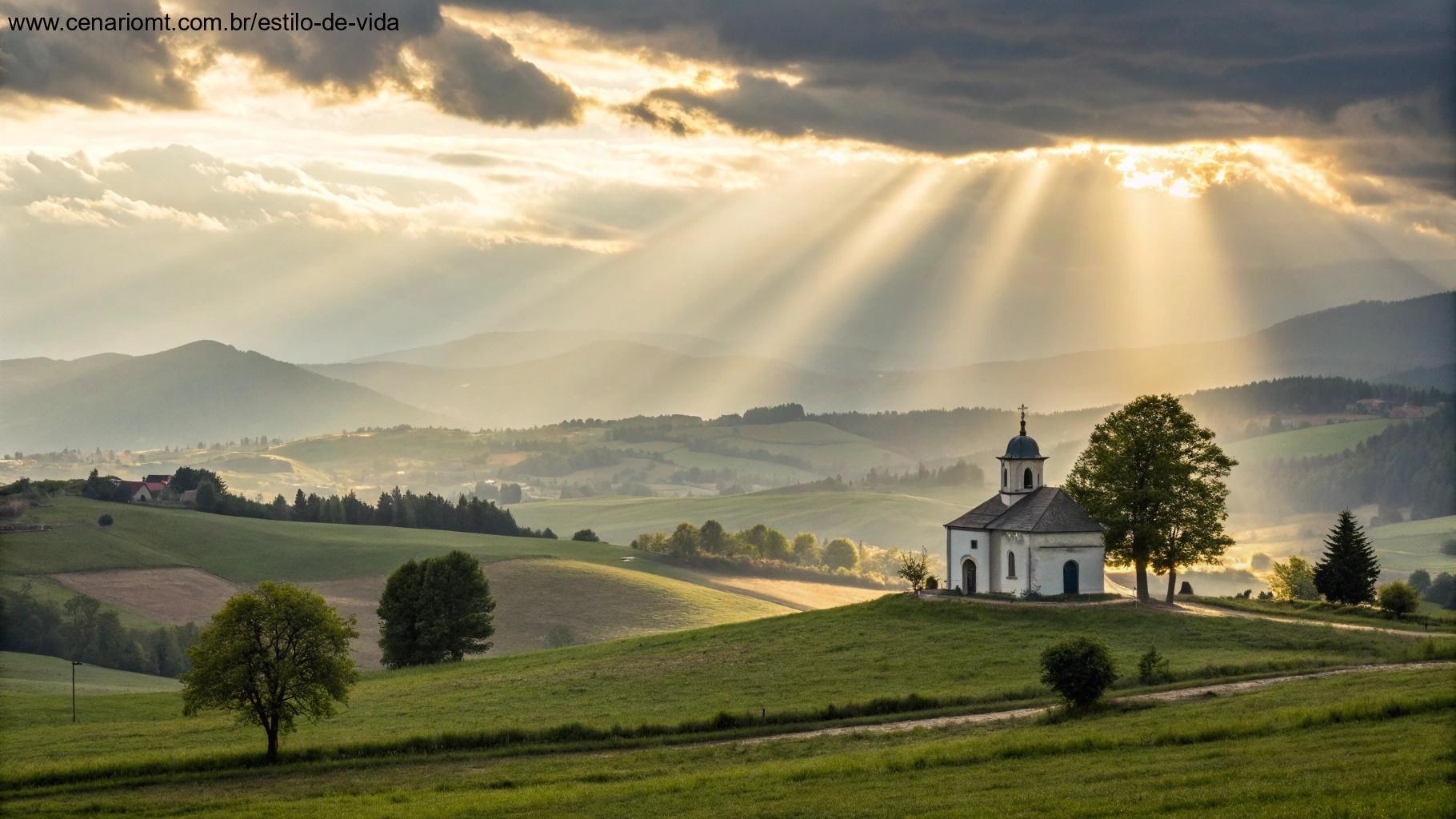 Paisagem serena com luz solar e atmosfera de fé