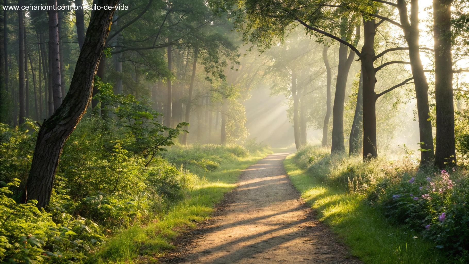 Caminho iluminado pela manhã em floresta representando força espiritual