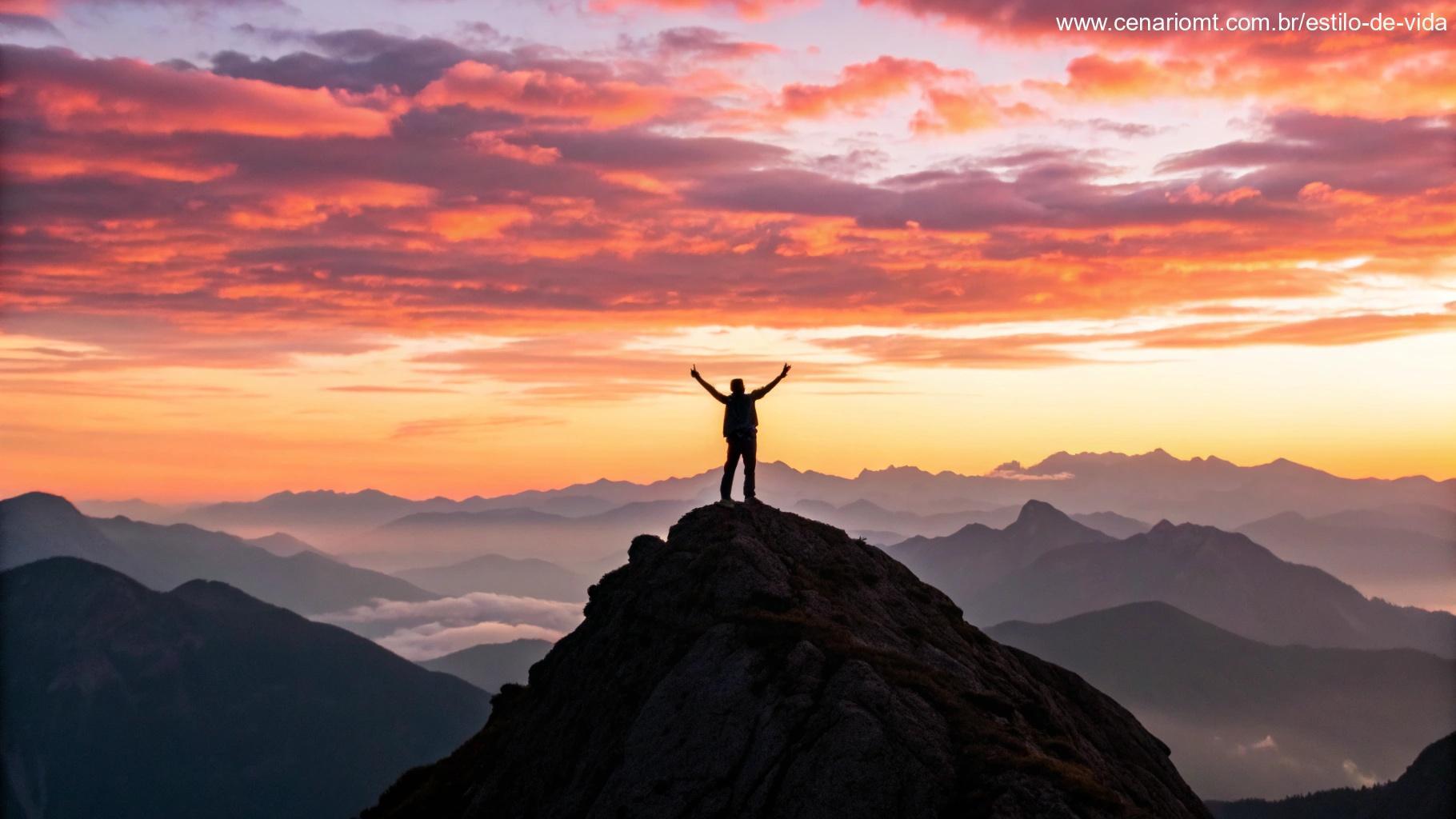 Imagem de nascer do sol nas montanhas com pessoa no topo celebrando conquistas para motivar a semana