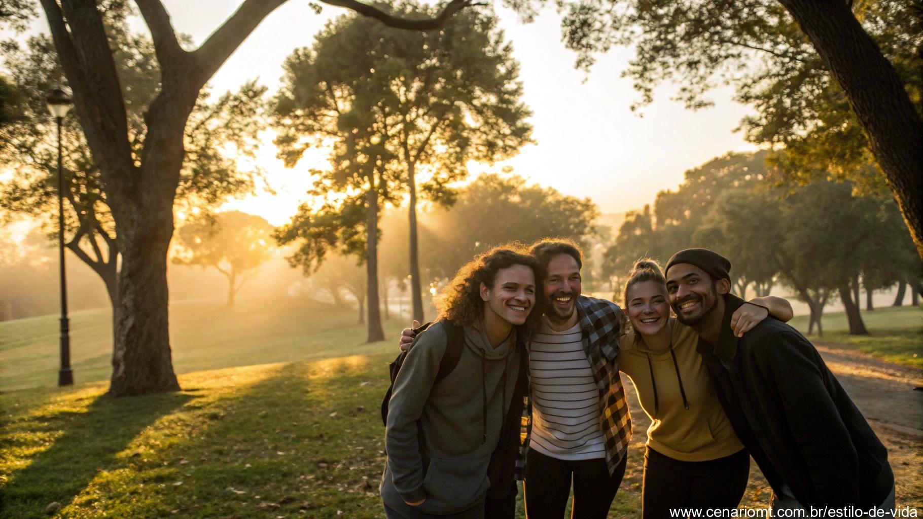 Grupo de amigos sorrindo em um parque ao nascer do sol