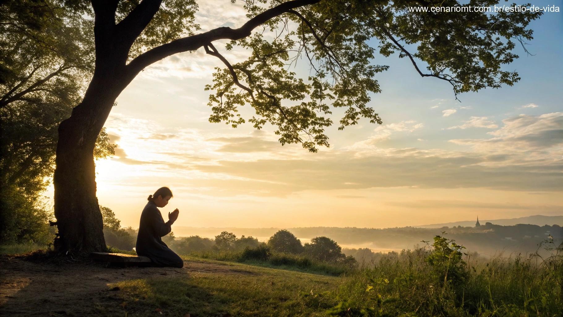 Pessoa orando sob uma árvore ao amanhecer em um cenário tranquilo
