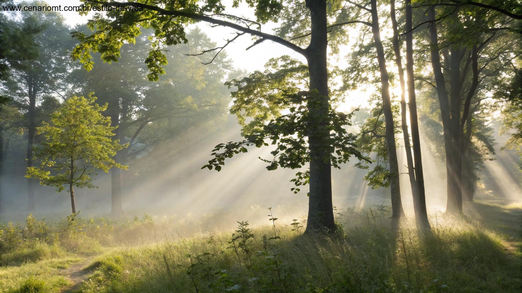 Luz do sol atravessando árvores em uma floresta tranquila