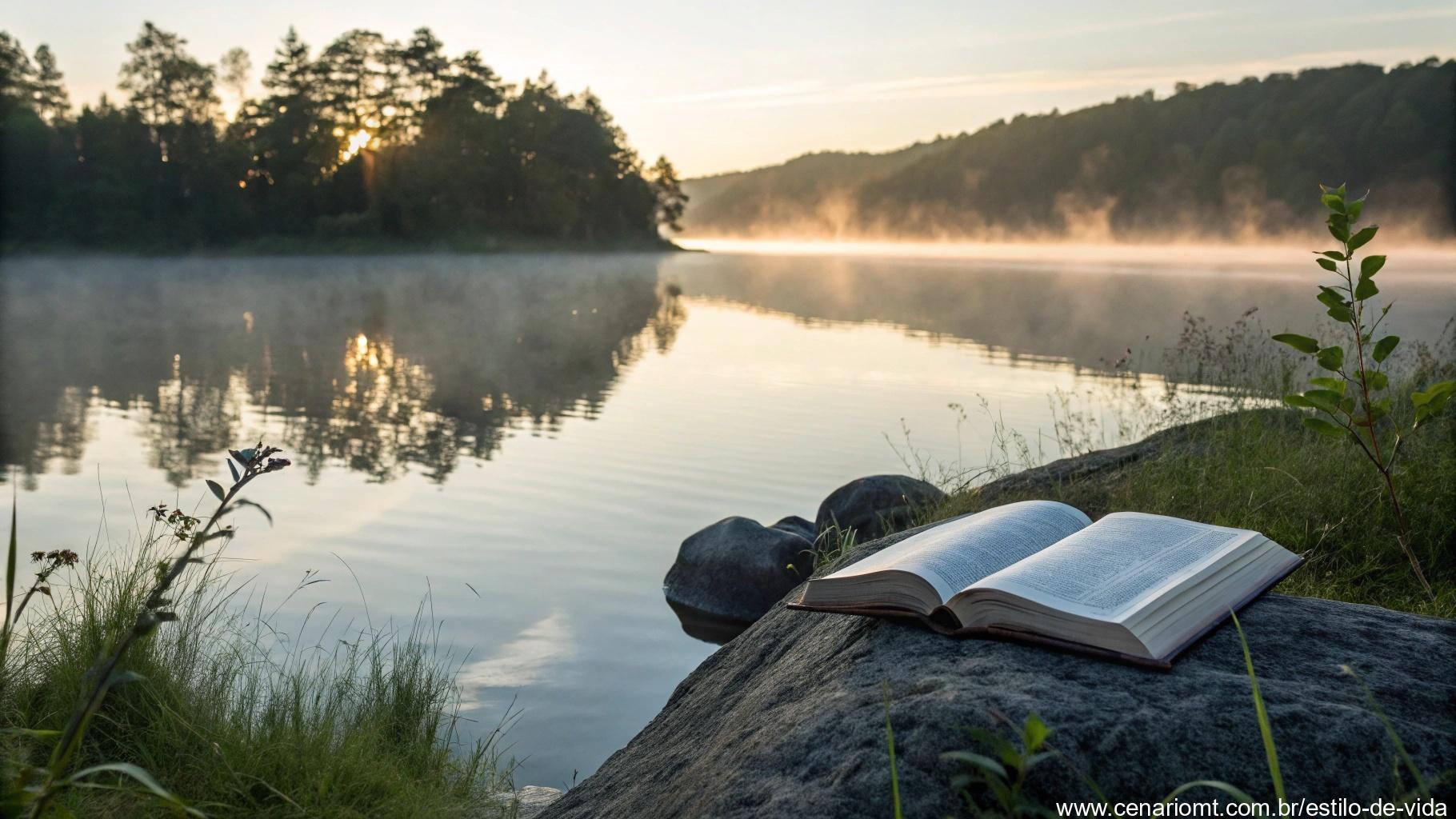 Palavras que acalmam e direcionam representadas em um cenário tranquilo ao ar livre