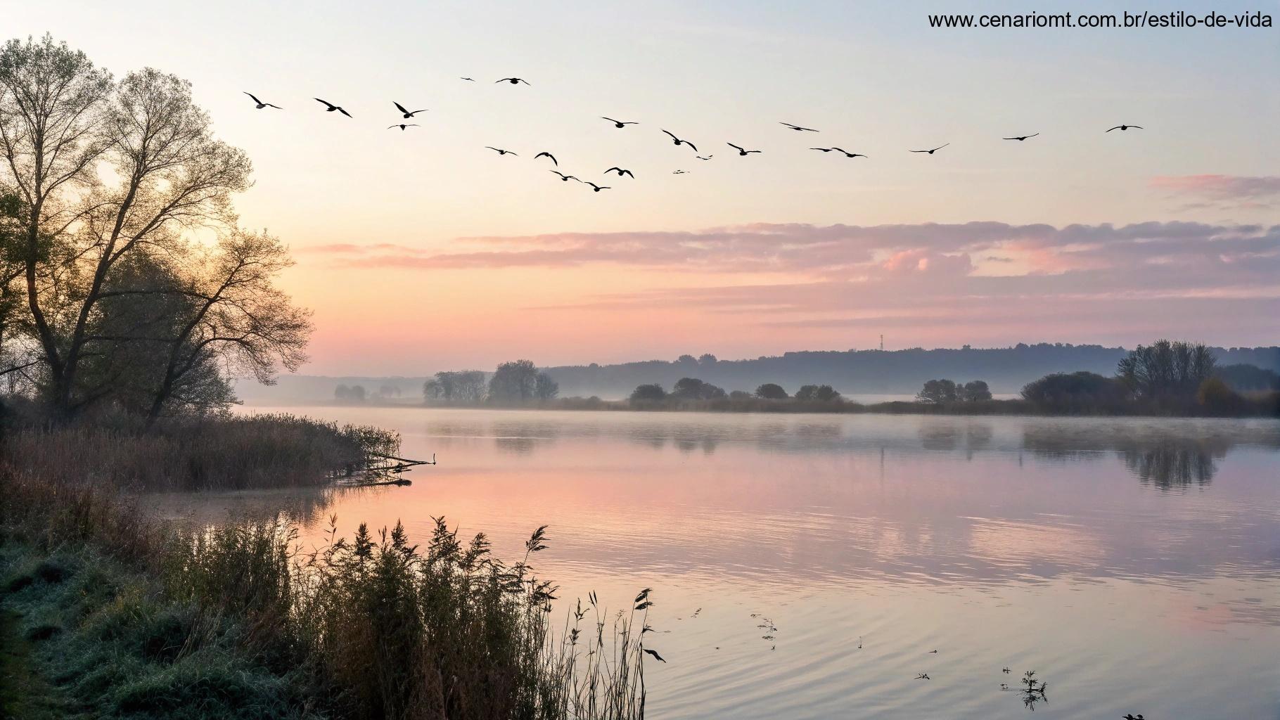 Cena à beira do lago ao nascer do sol com aves voando, trazendo conforto e direção