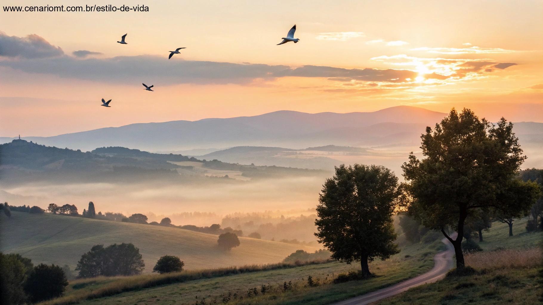 Amanhecer sobre uma paisagem tranquila com pombas e luz suave