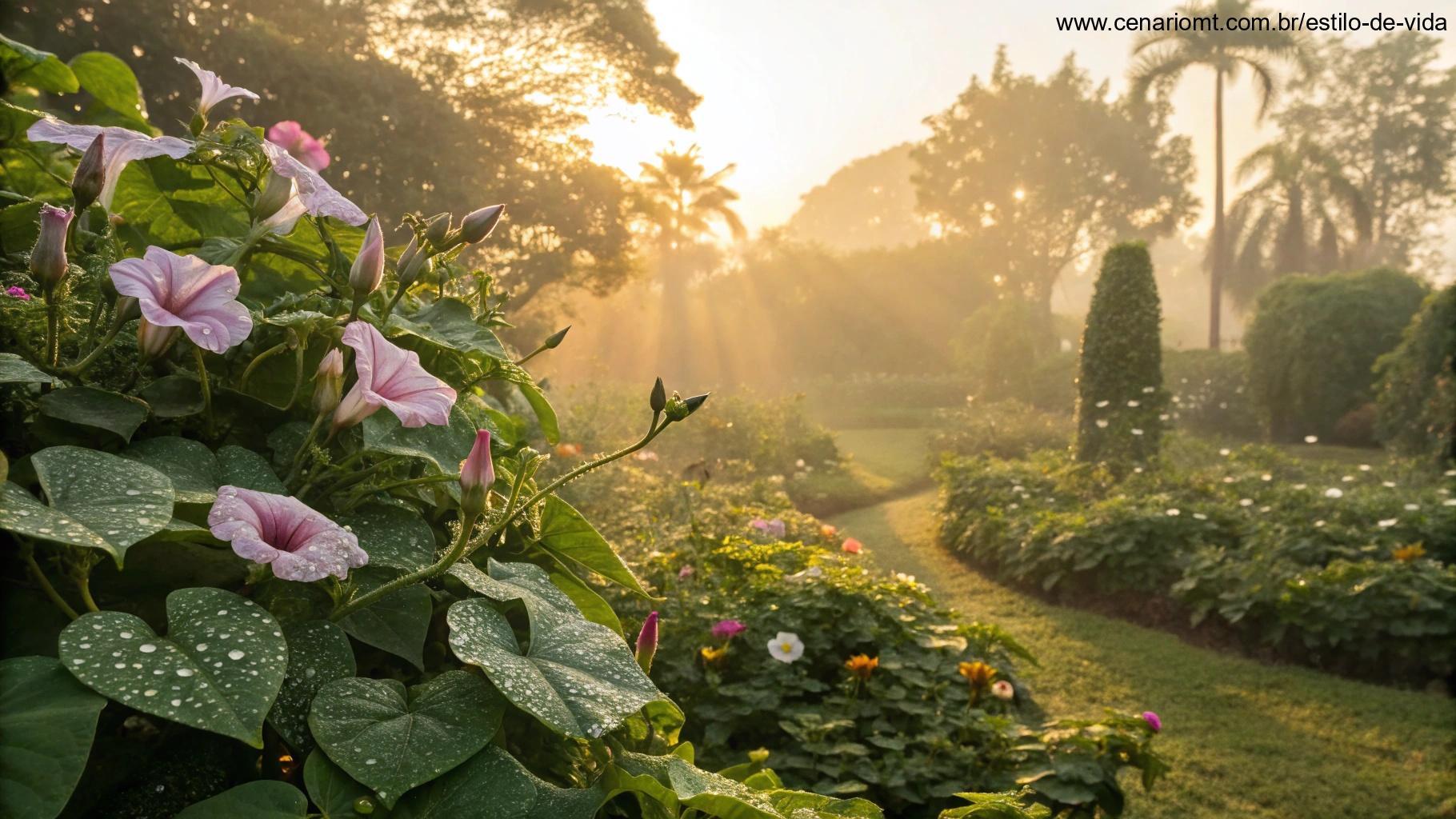 Luz dourada da manhã iluminando um jardim florido
