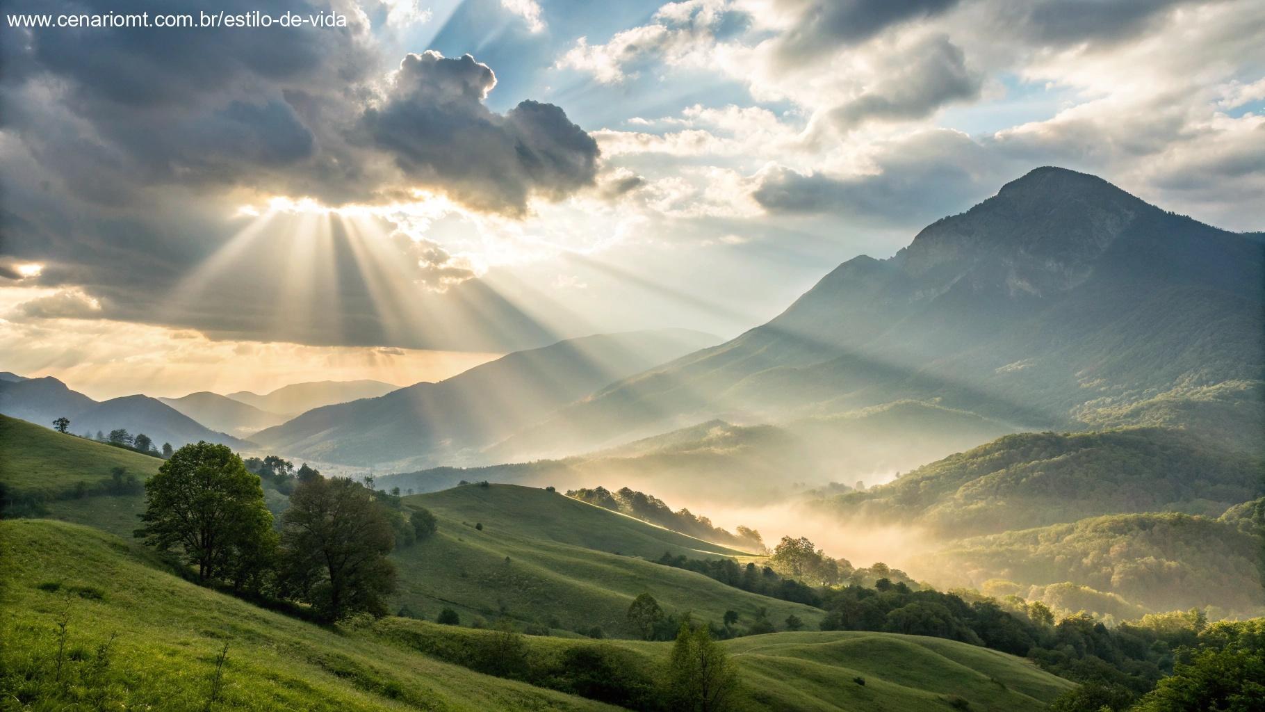Raios de sol atravessando nuvens sobre uma paisagem montanhosa