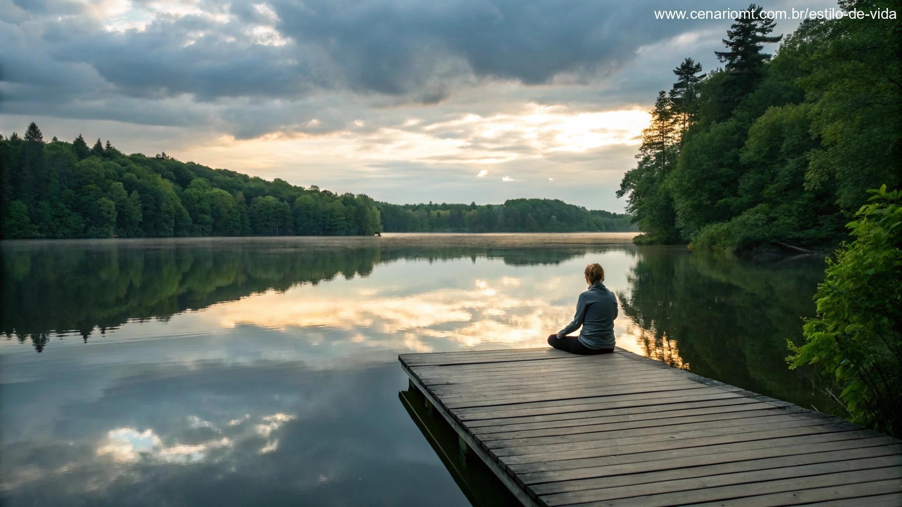 Lago tranquilo refletindo o céu da manhã com pessoa meditando em um píer de madeira, transmitindo paz interior