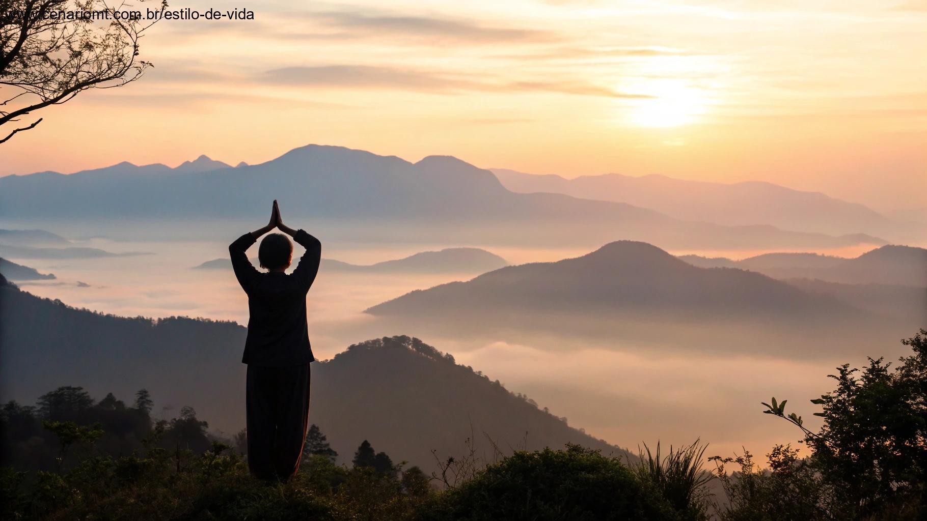 Imagem de uma pessoa em oração ao amanhecer