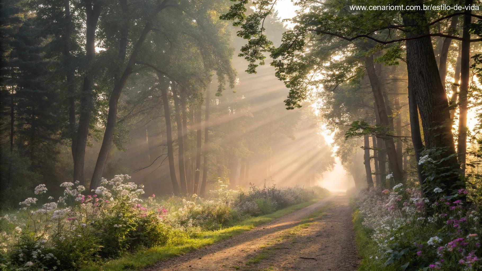 Caminho entre árvores com neblina suave e flores ao nascer do sol