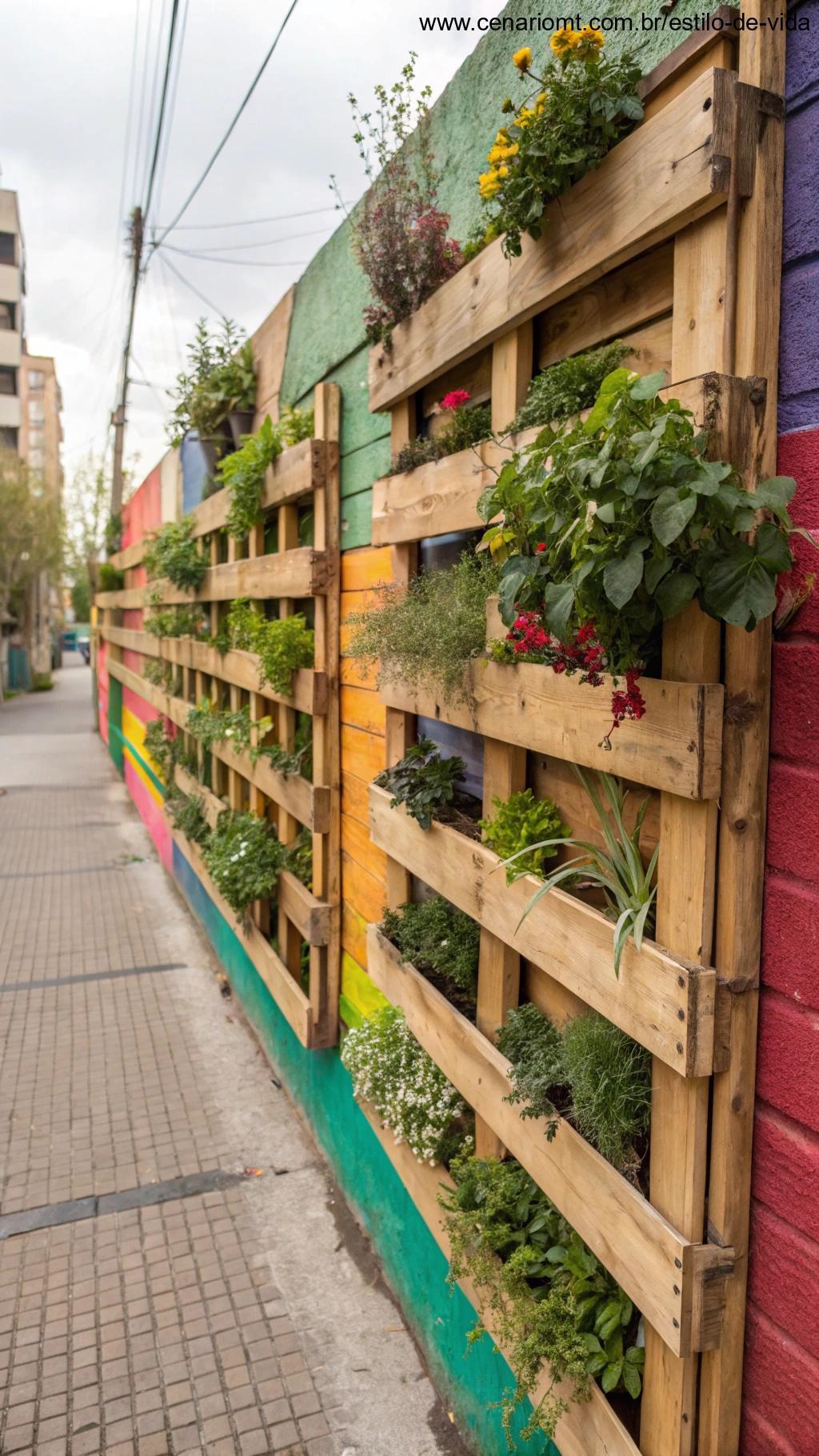 Pallets reutilizados como suporte para jardim vertical