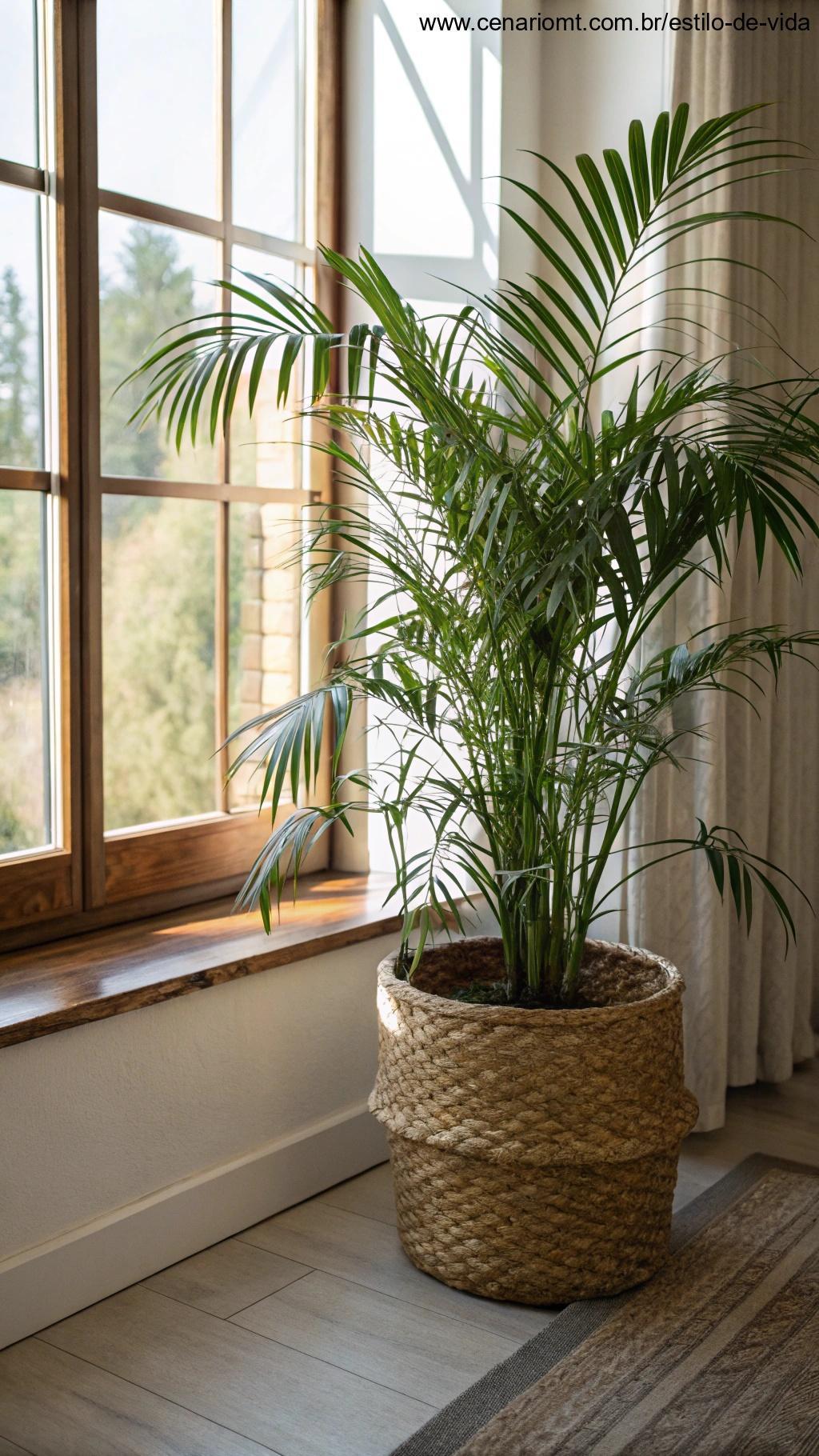 Palmeira Chamaedorea em cesto decorativo próximo à janela