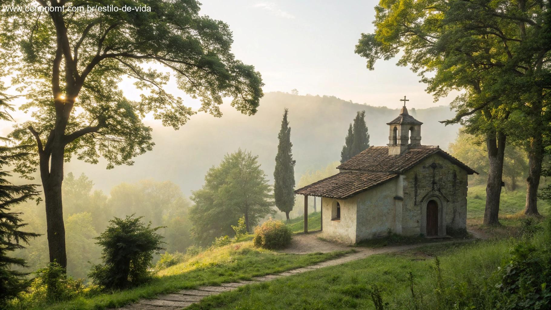 Capelinha no meio da natureza ao amanhecer representando fé e espiritualidade