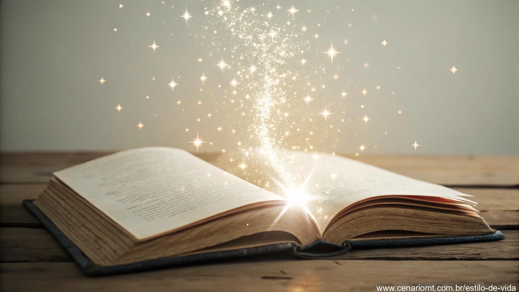 Livro aberto com luz suave iluminando suas páginas e partículas flutuantes