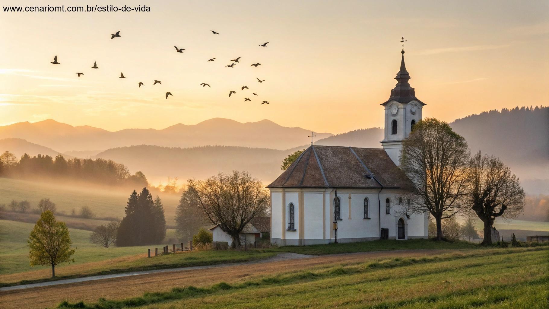 Igreja tranquila no campo ao amanhecer, simbolizando fé e devoção