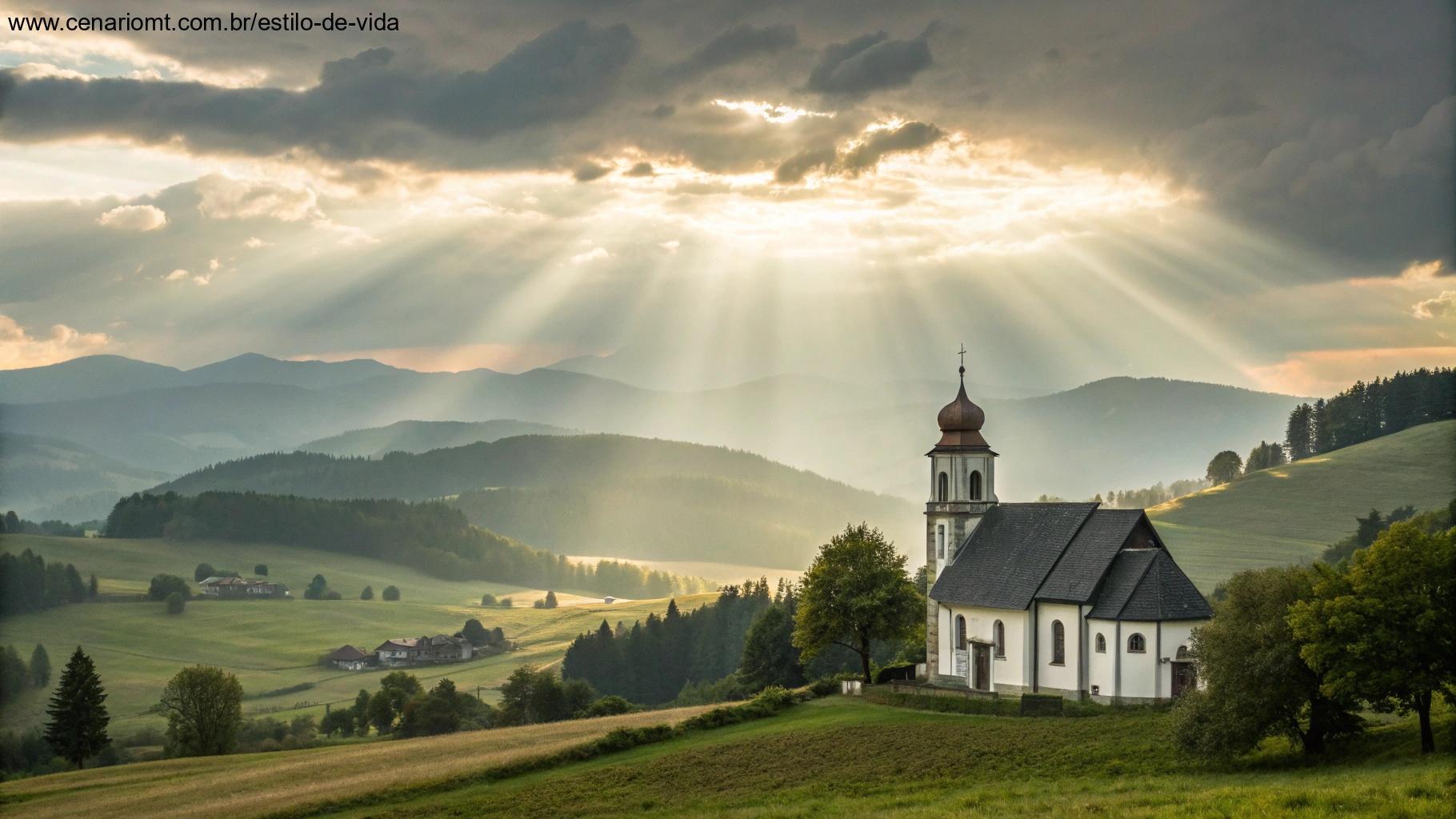 Paisagem serena com uma igreja no campo, simbolizando a força da fé.
