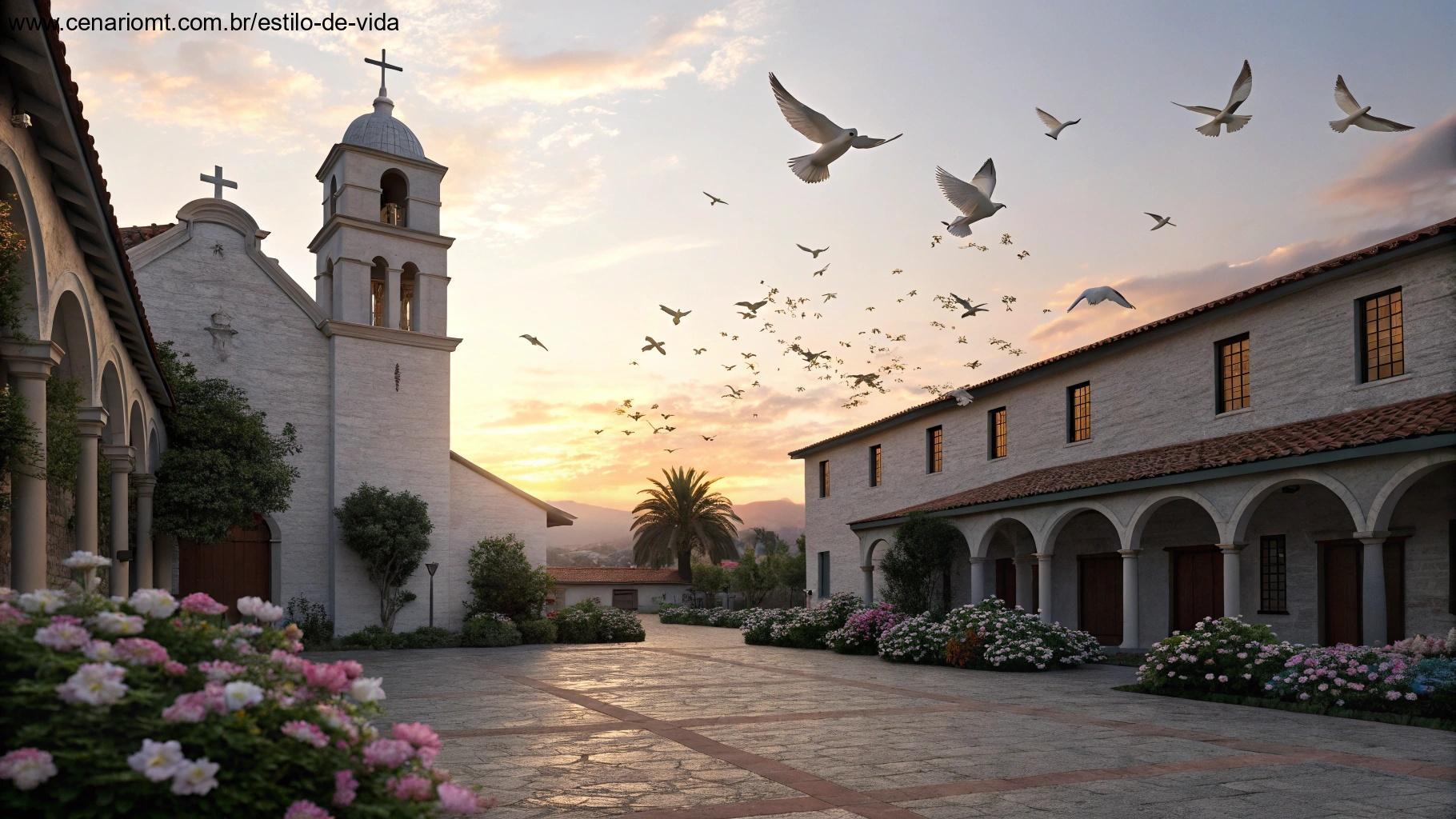 Pátio de igreja sereno com pombas e flores ao amanhecer
