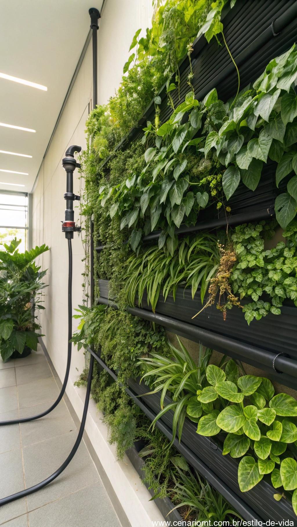 Parede verde com sistema de irrigação automatizado