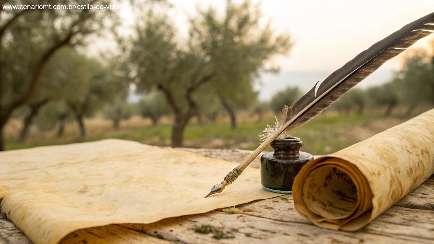 Pergaminho antigo com texto hebraico parcialmente desenrolado ao lado de uma pena e tinteiro, com foco suave em oliveiras distantes