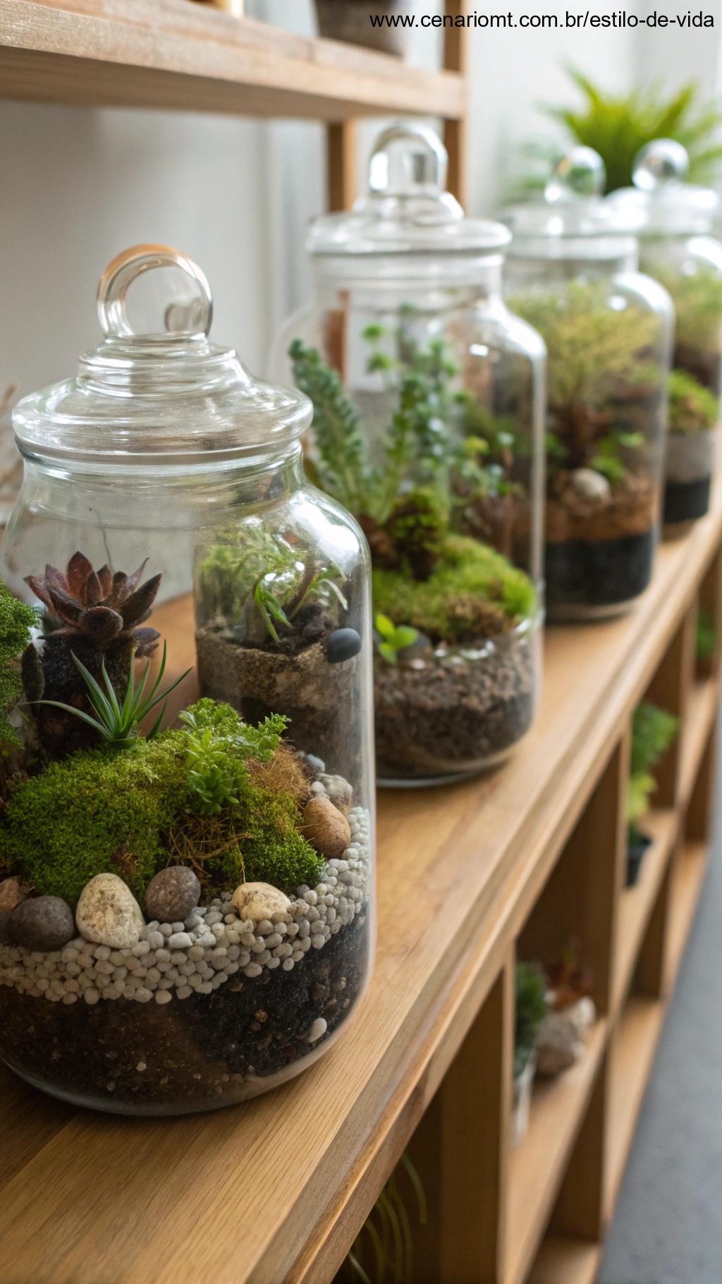 Pequenos terrários decorativos com musgos e plantas