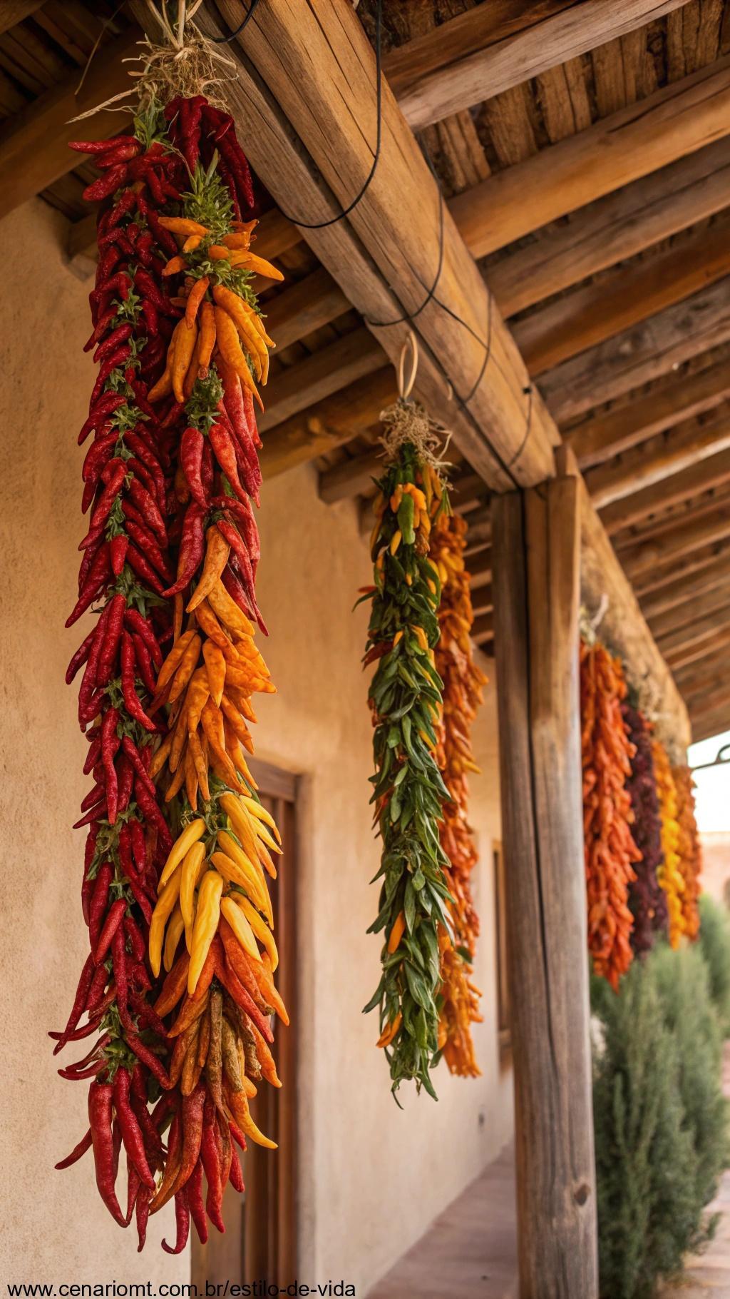 Pimentas coloridas secando em ambiente rústico