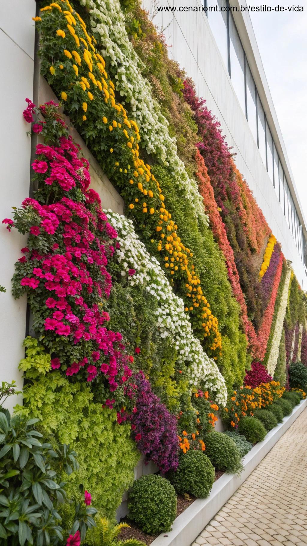 Jardim vertical com plantas coloridas formando pintura viva
