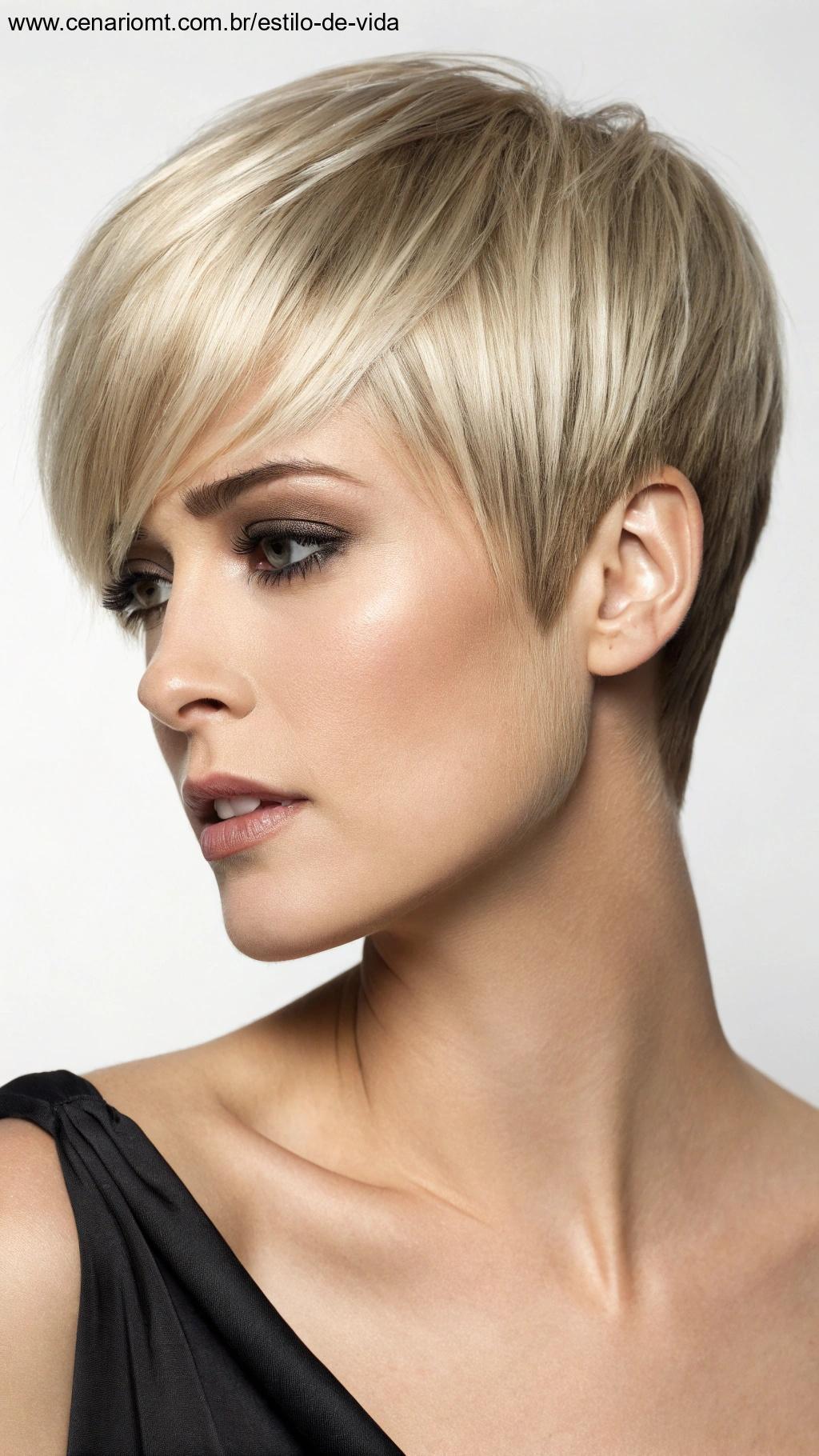 Pixie cut com franja longa em estilo contemporâneo