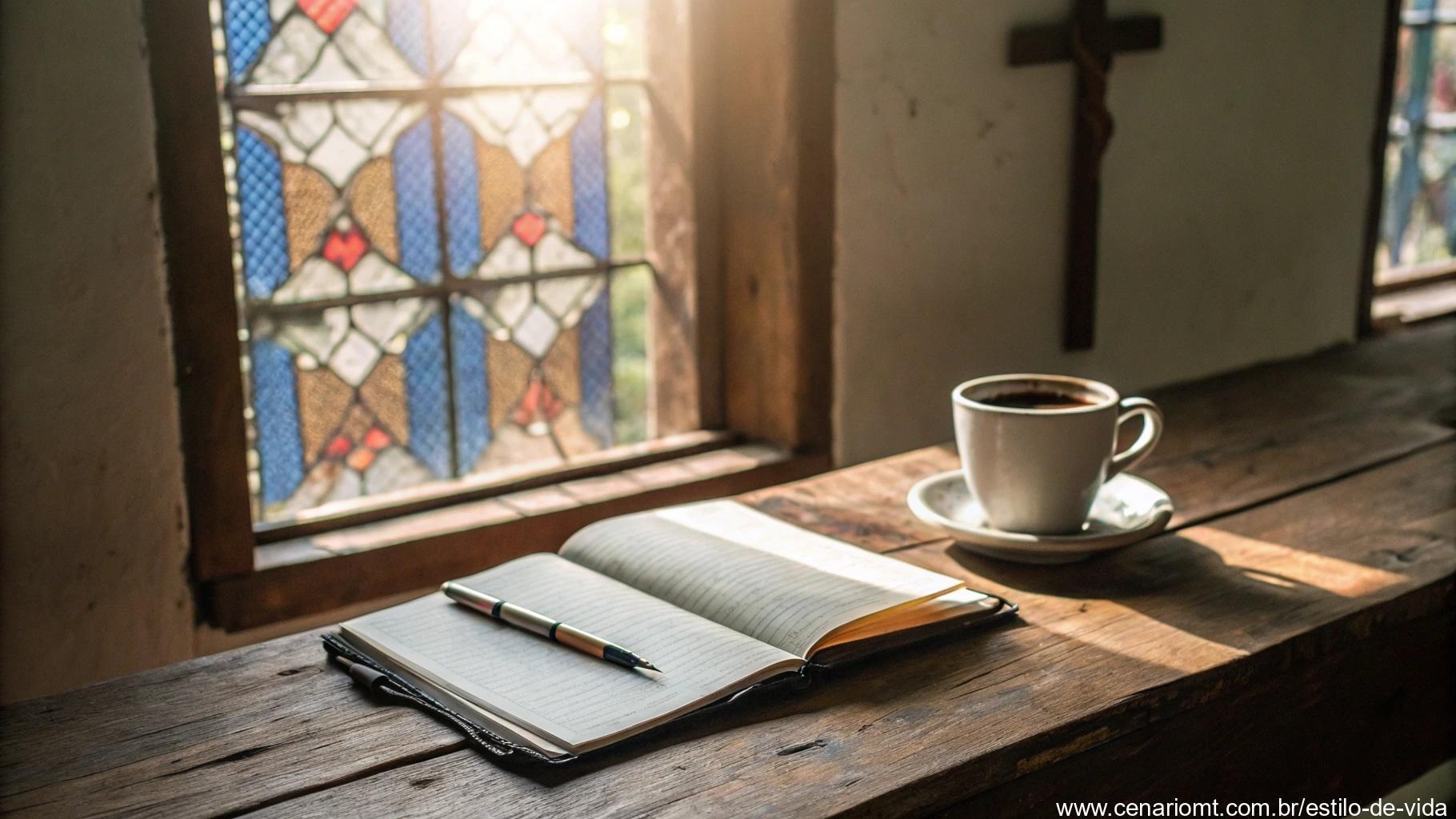 Escrivaninha rústica com caderno aberto, caneta e xícara de café
