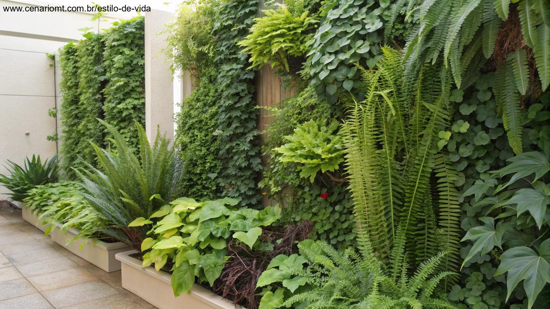 Plantas ideais como samambaias, heras e suculentas em um jardim vertical