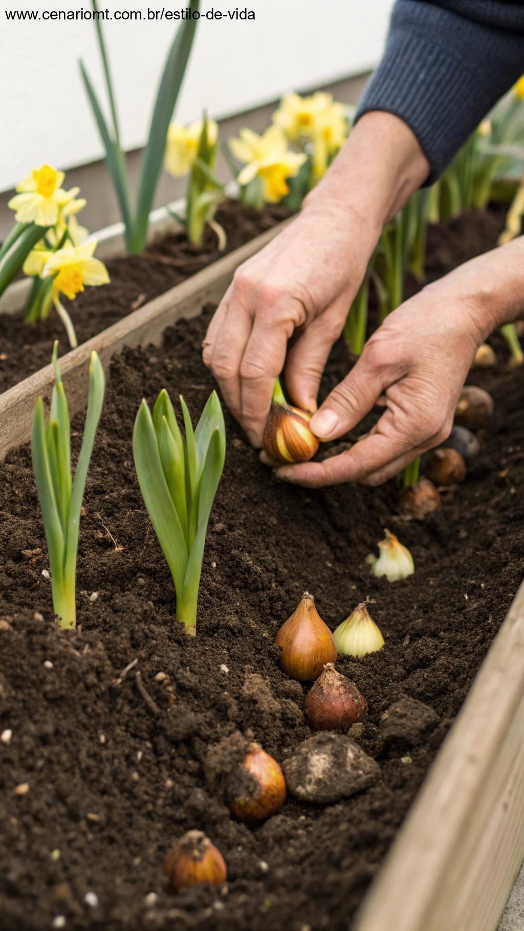 Mão de jardineiro plantando bulbos de estação em solo fértil