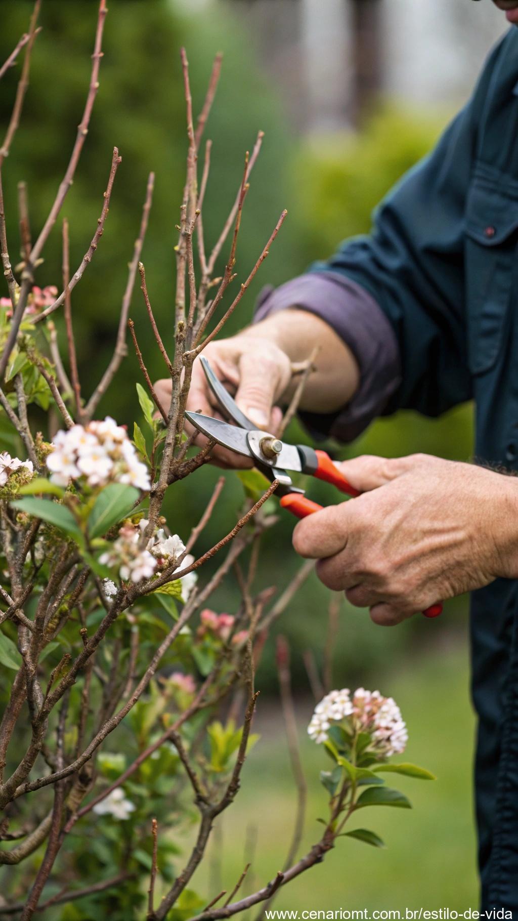 Mãos de jardineiro podando um arbusto florido com tesoura afiada