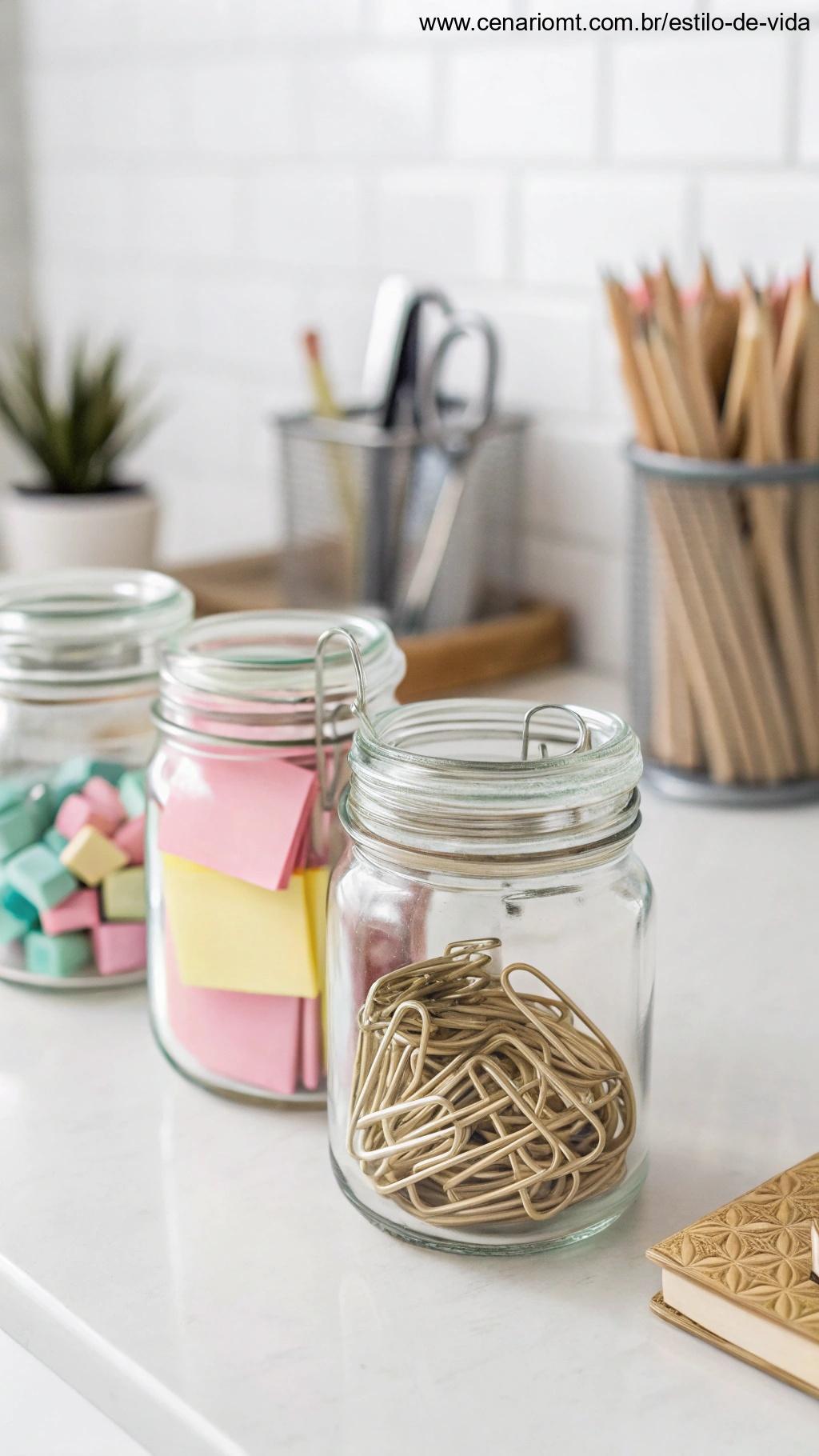 Frascos com clipes e itens de papelaria organizados em mesa de trabalho