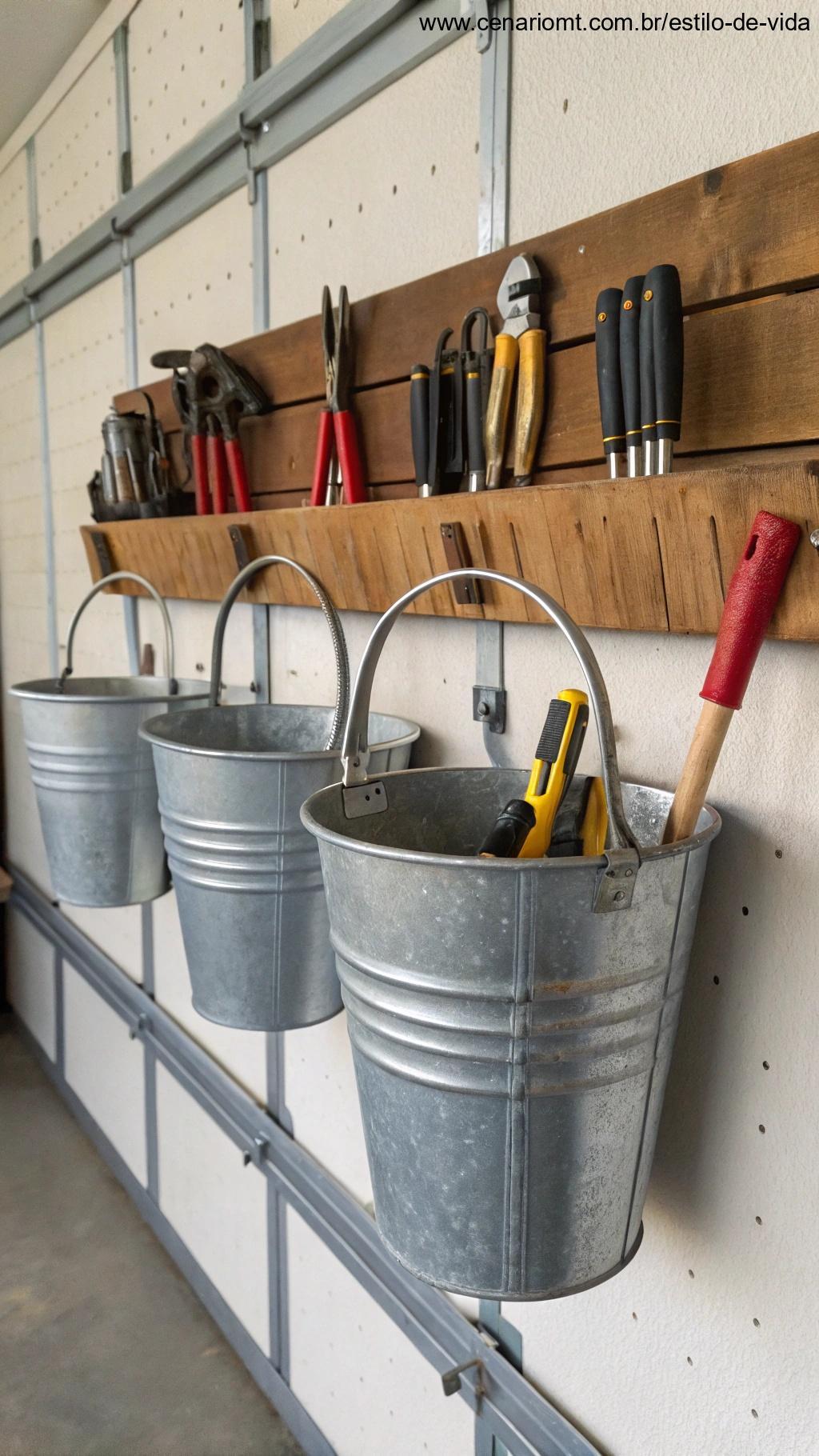 Porta-ferramentas feito com baldes metálicos na parede da garagem