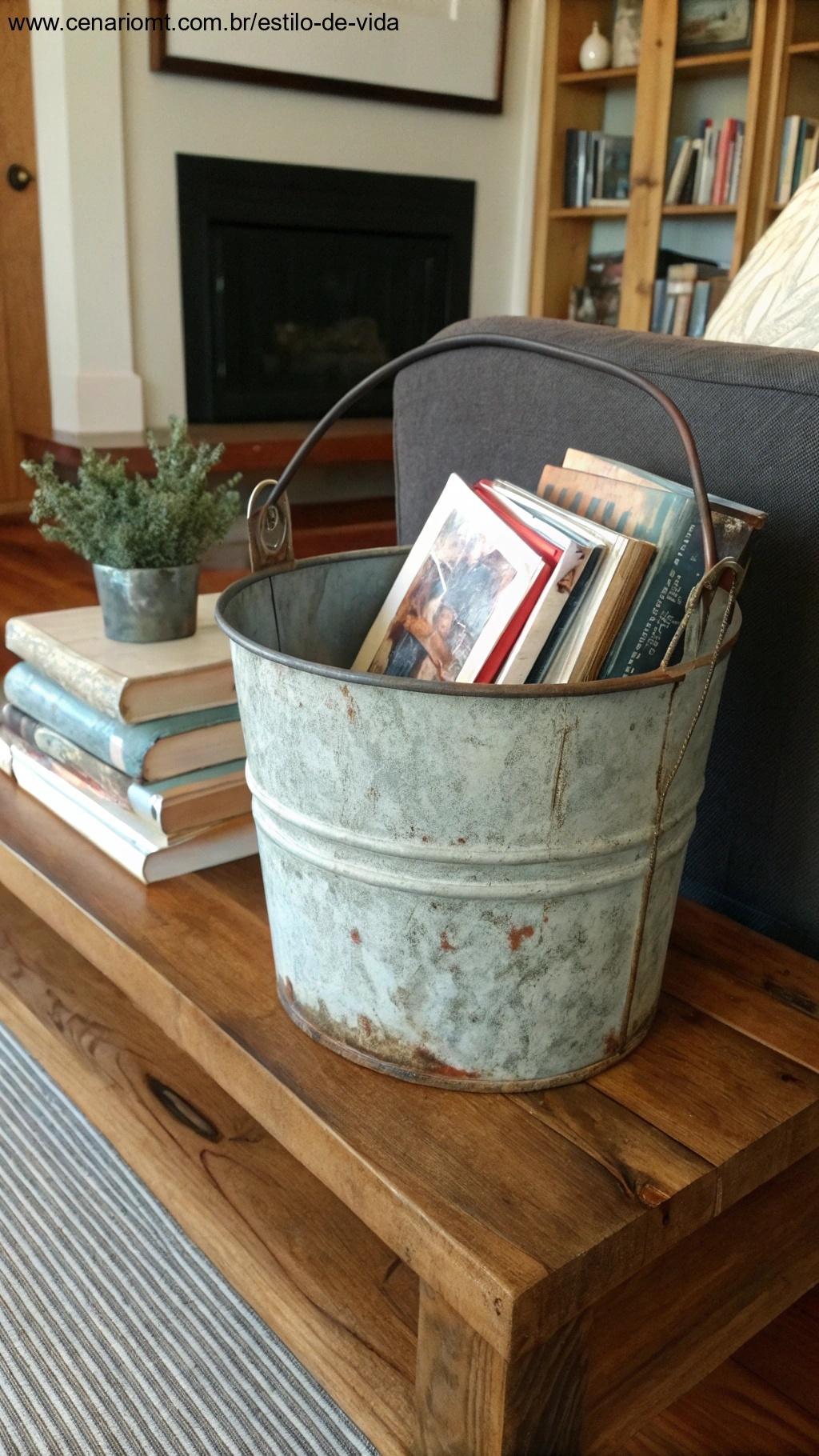 Porta-revistas com estilo retrô feito de balde reutilizado
