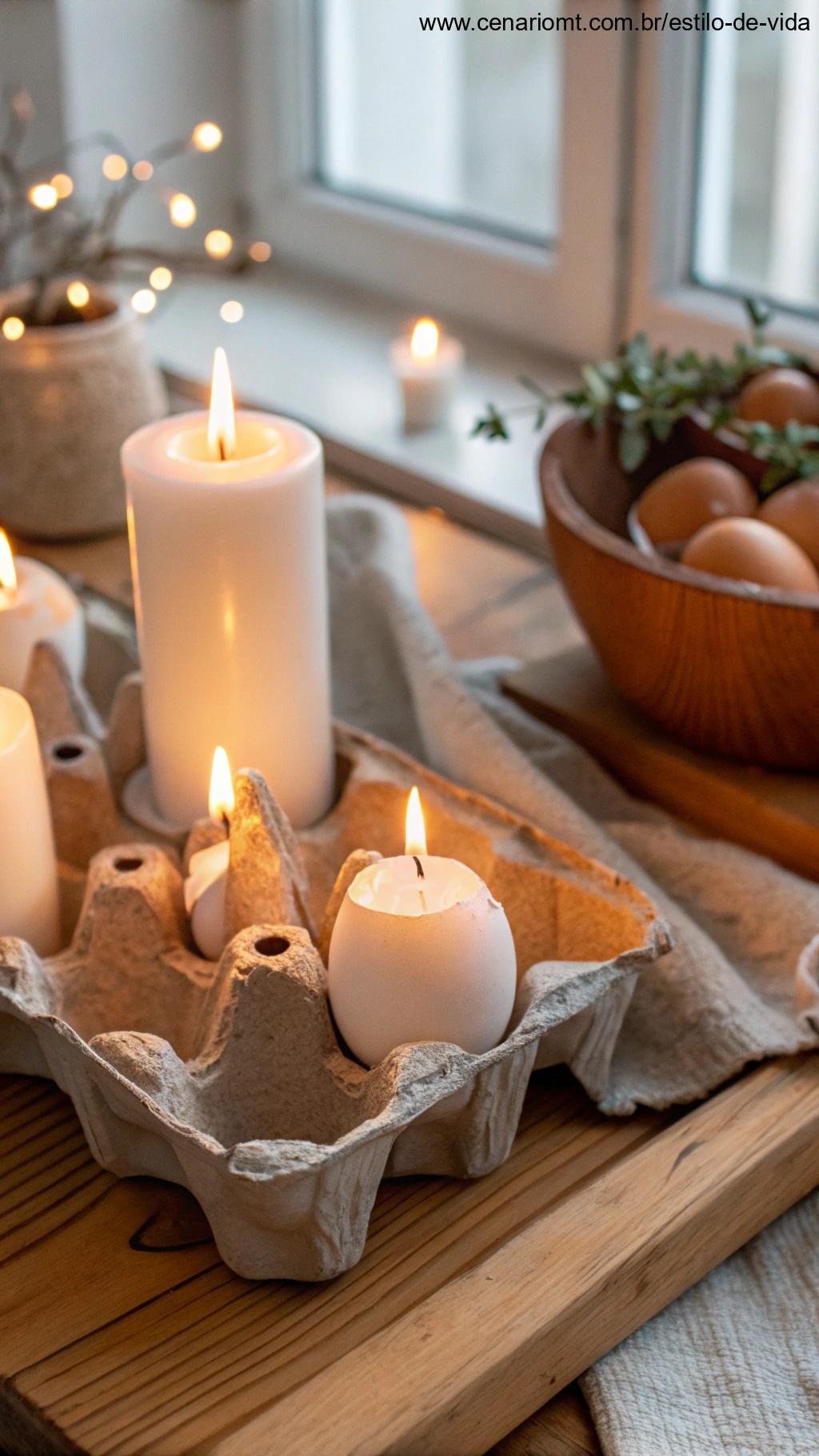 Porta-velas com design rústico feitos com caixas de ovos