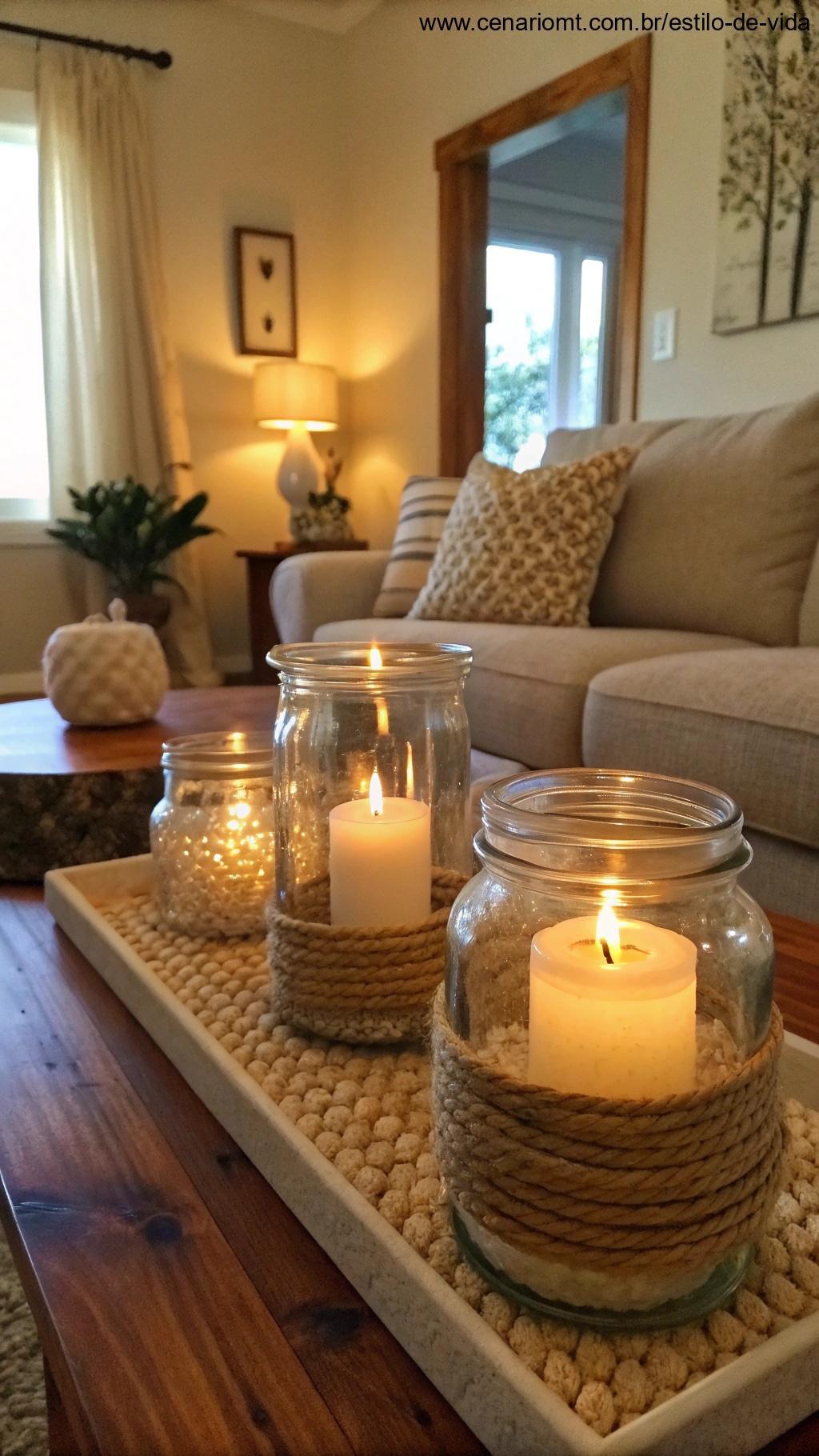 Porta-velas feito com pote decorativo em uma sala aconchegante