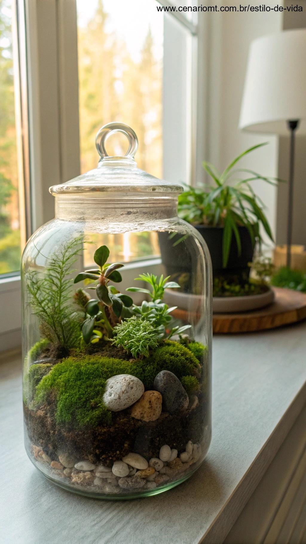 Pote de vidro transformado em terrário de mesa