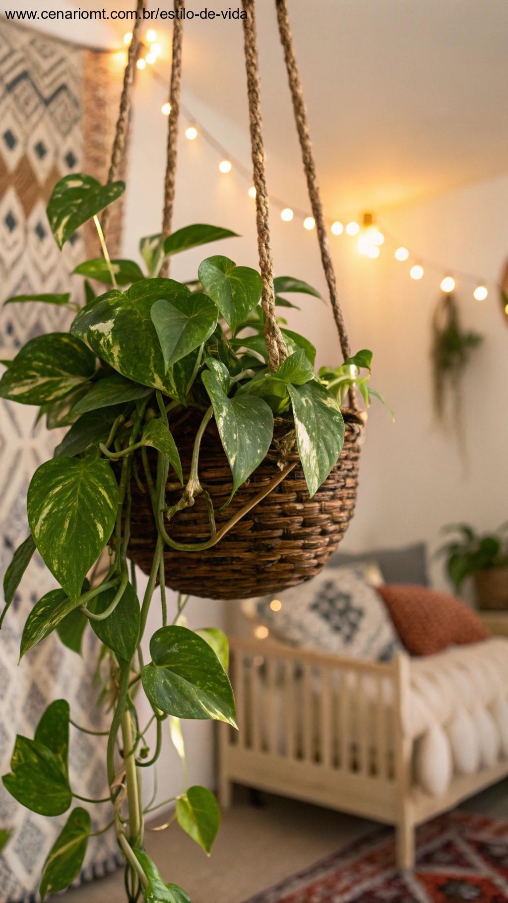Pothos pendente com folhas vibrantes em ambiente boho