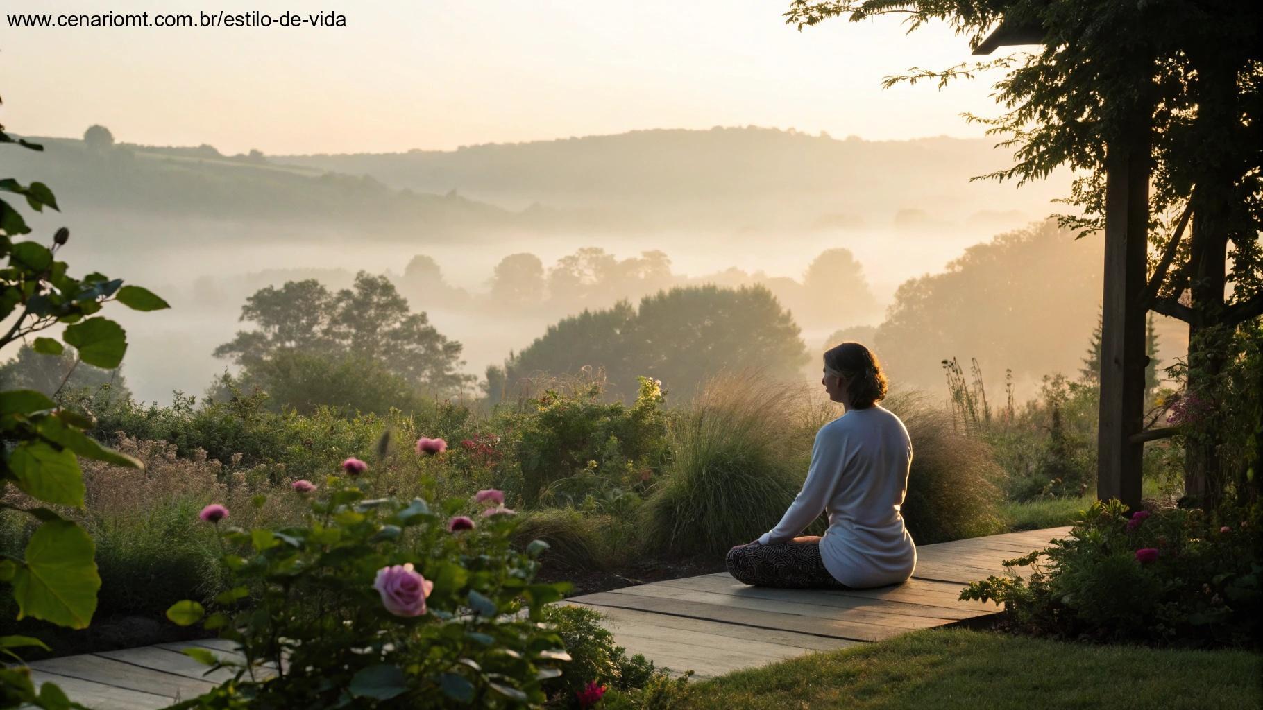 Pessoa meditando ao amanhecer em um jardim tranquilo