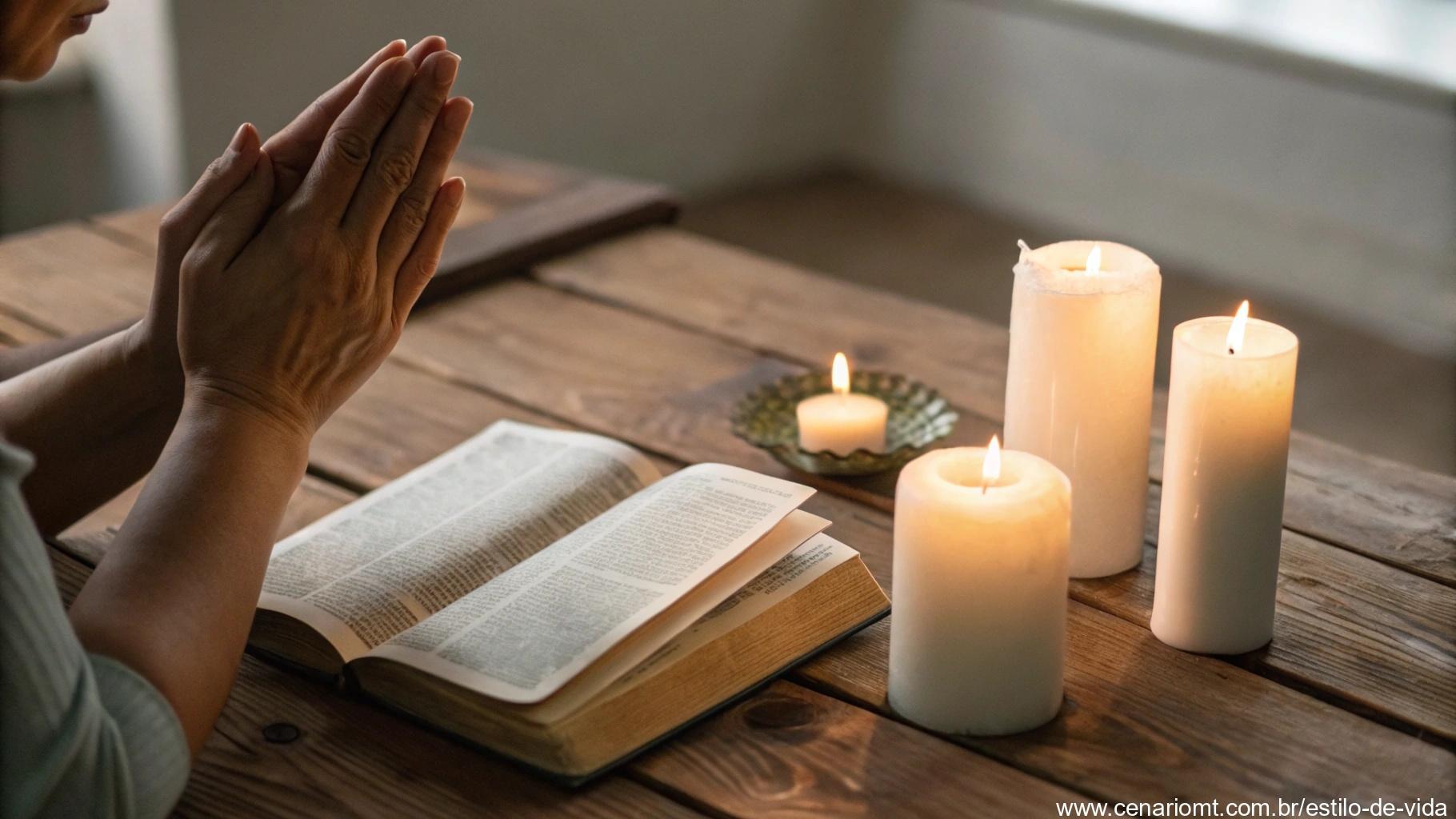 Cena com velas e mãos em oração sobre a mesa